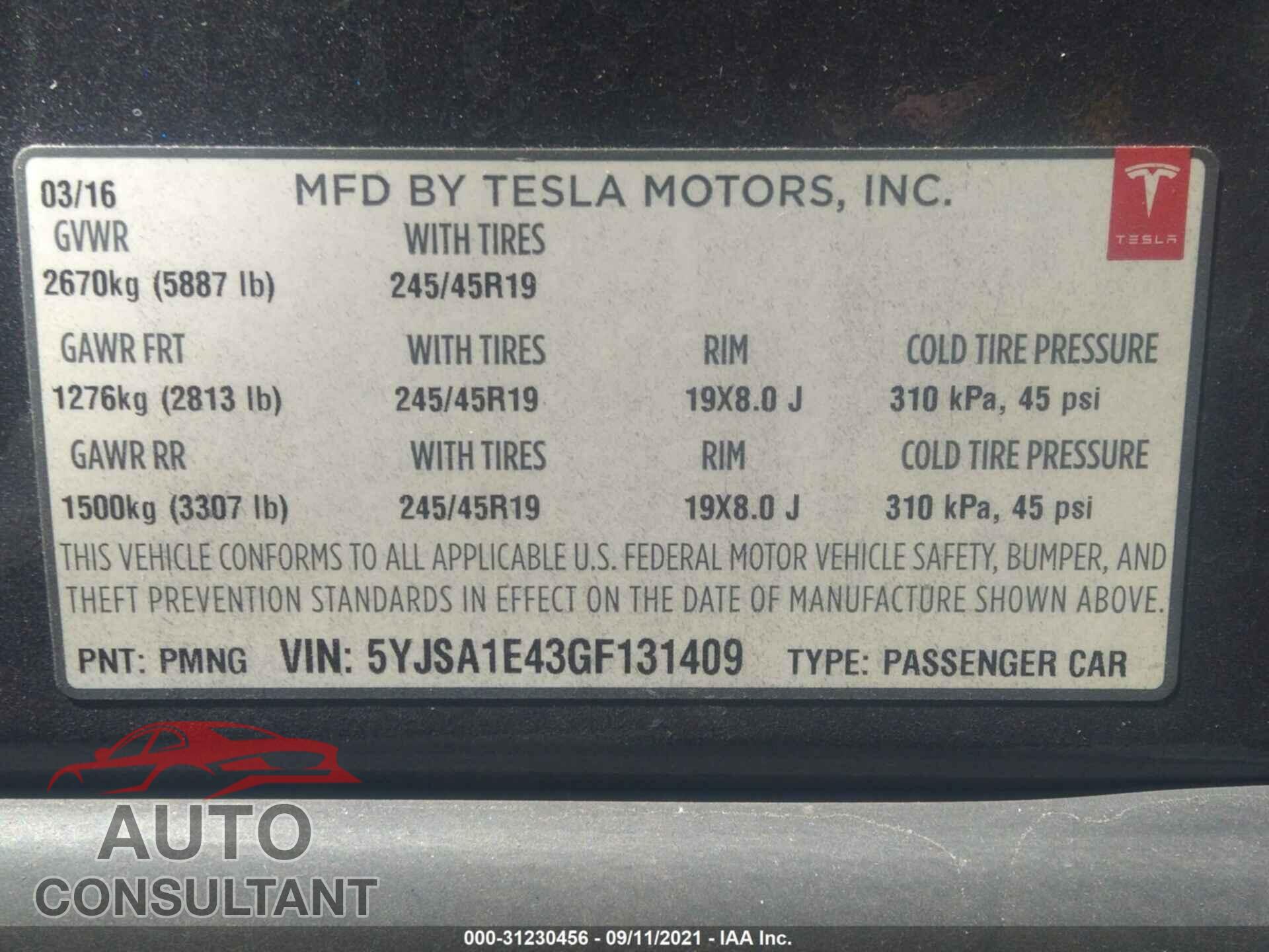TESLA MODEL S 2016 - 5YJSA1E43GF131409