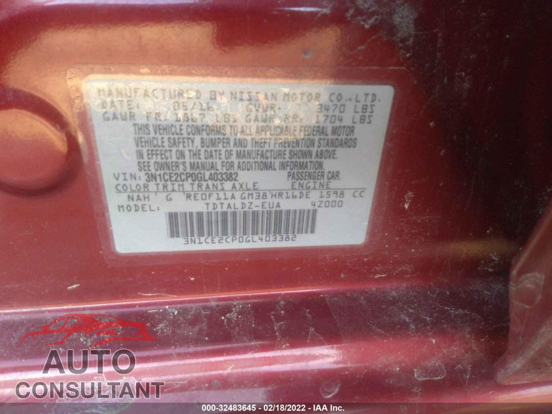 NISSAN VERSA NOTE 2016 - 3N1CE2CP0GL403382