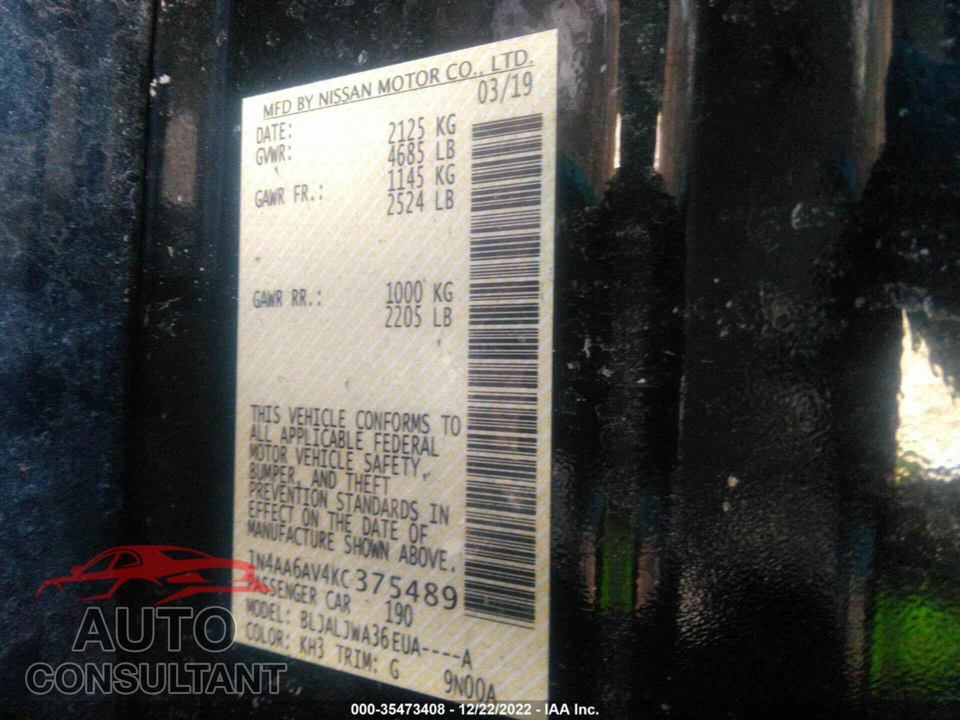 NISSAN MAXIMA 2019 - 1N4AA6AV4KC375489