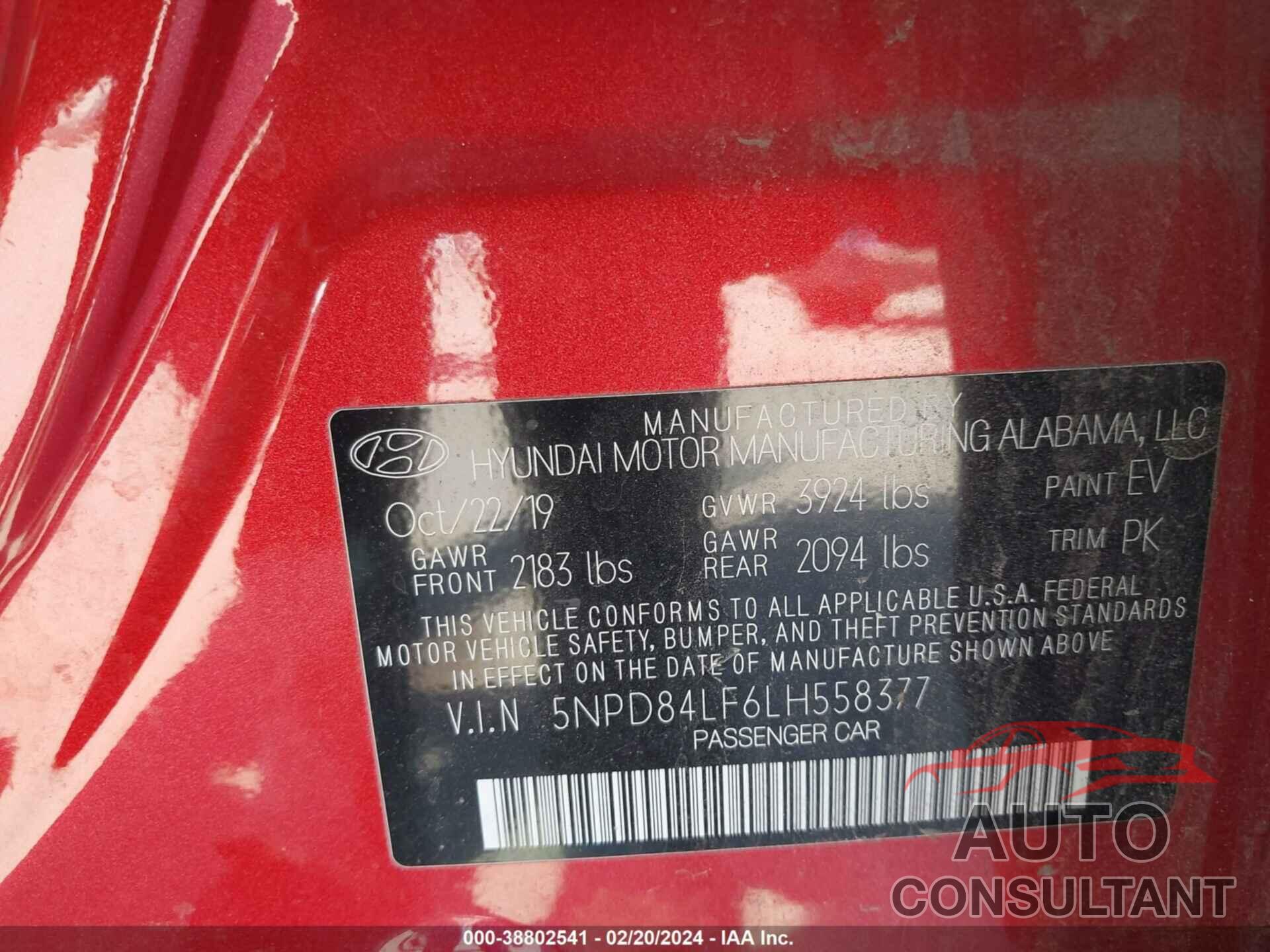 HYUNDAI ELANTRA 2020 - 5NPD84LF6LH558377