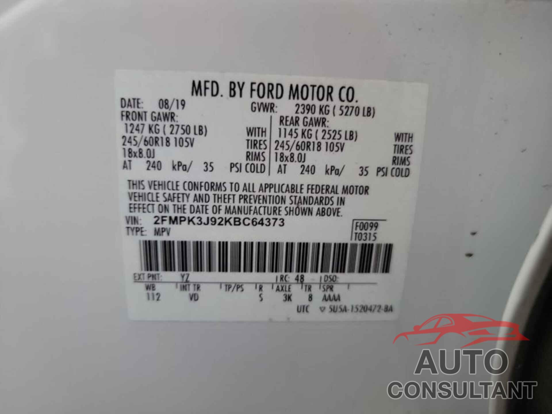 FORD EDGE 2019 - 2FMPK3J92KBC64373