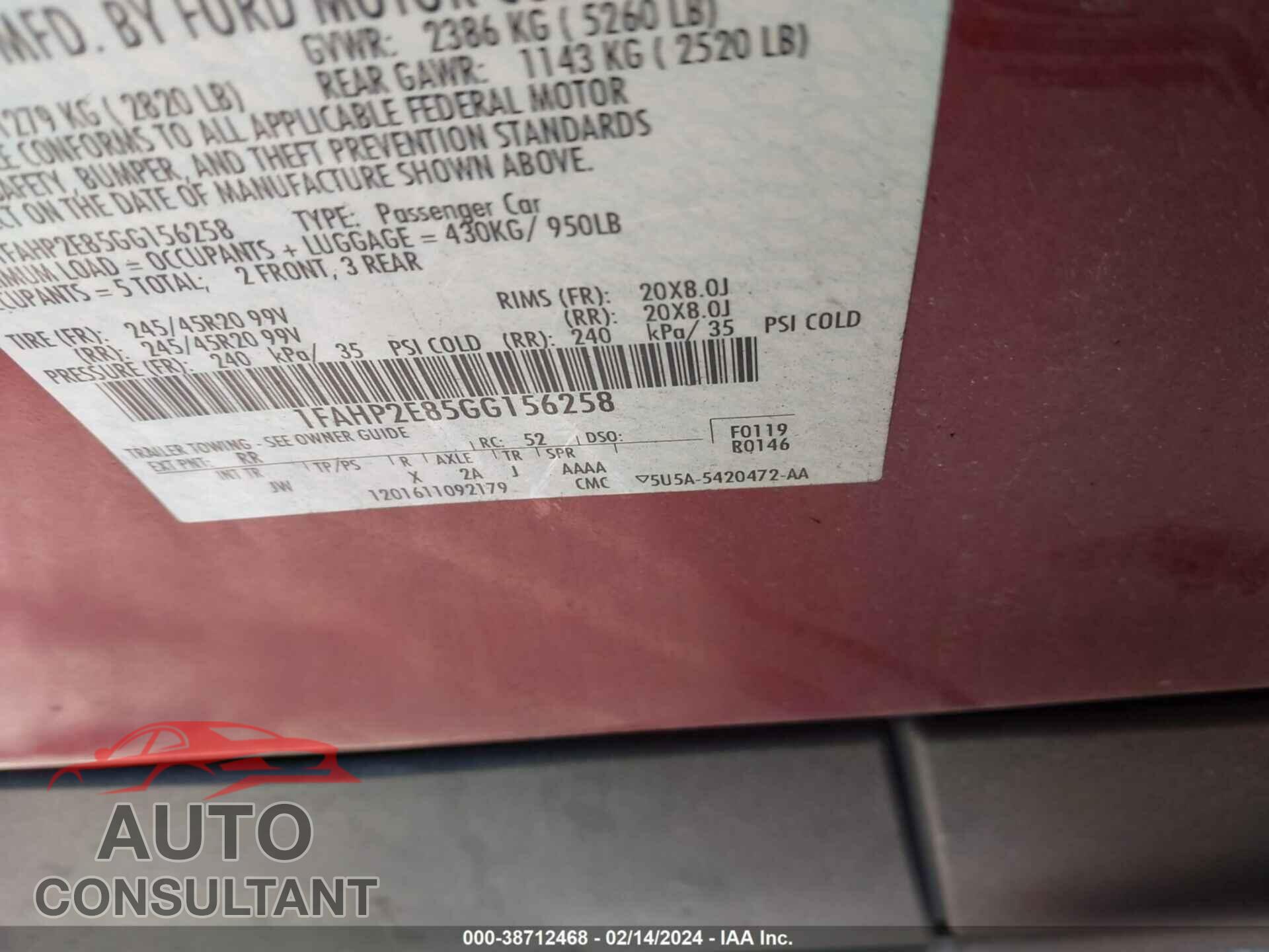FORD TAURUS 2016 - 1FAHP2E85GG156258