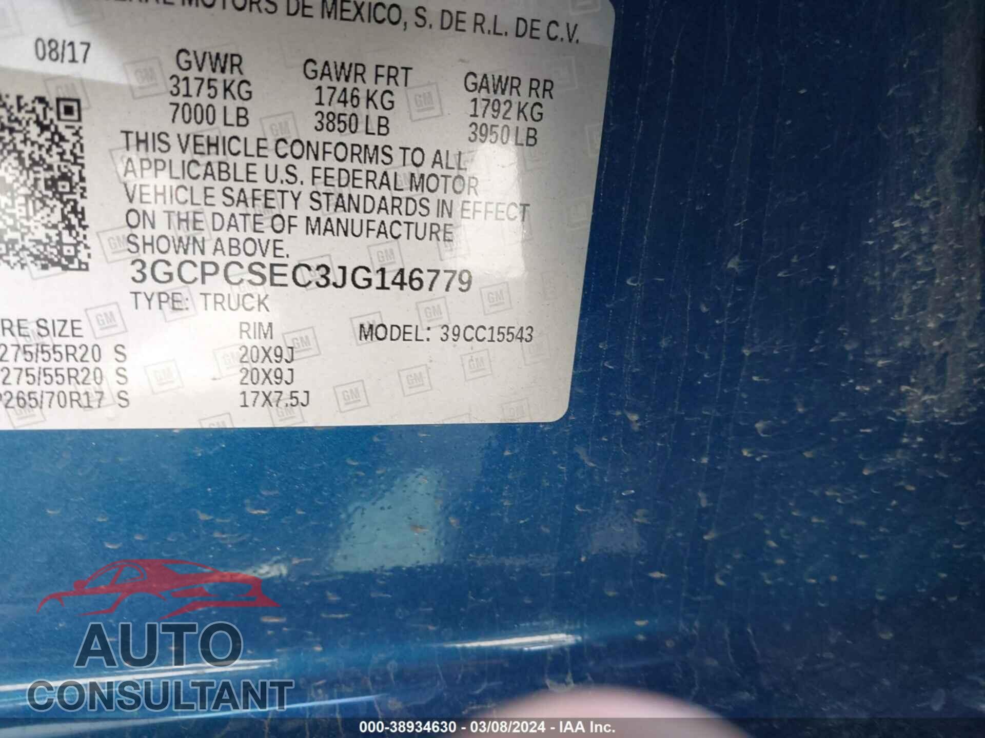 CHEVROLET SILVERADO 1500 2018 - 3GCPCSEC3JG146779