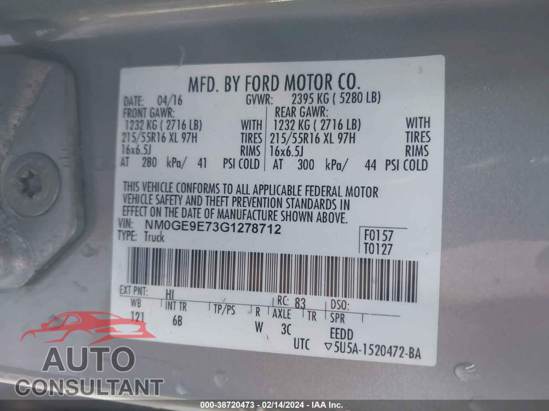 FORD TRANSIT CONNECT 2016 - NM0GE9E73G1278712