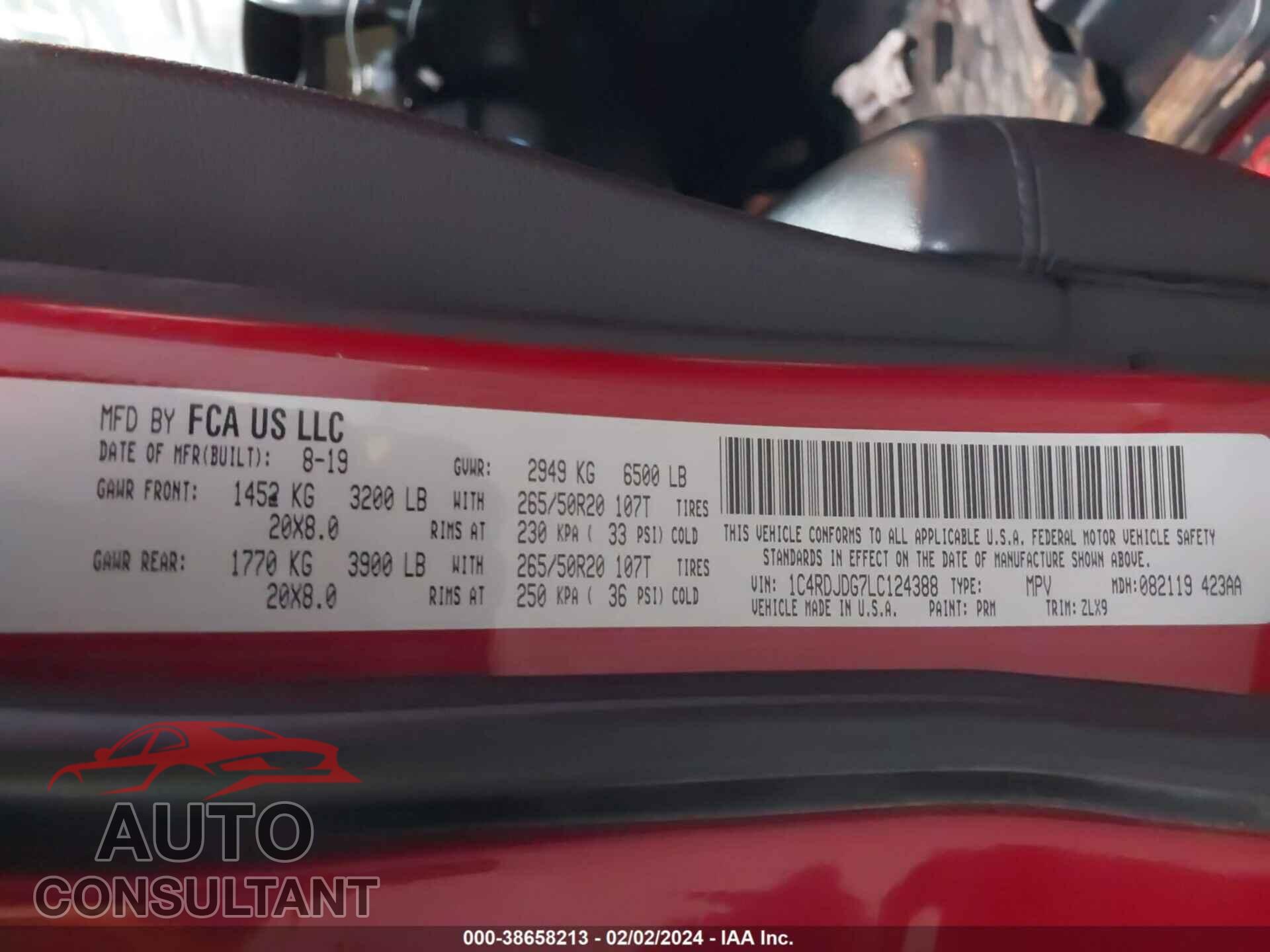 DODGE DURANGO 2020 - 1C4RDJDG7LC124388