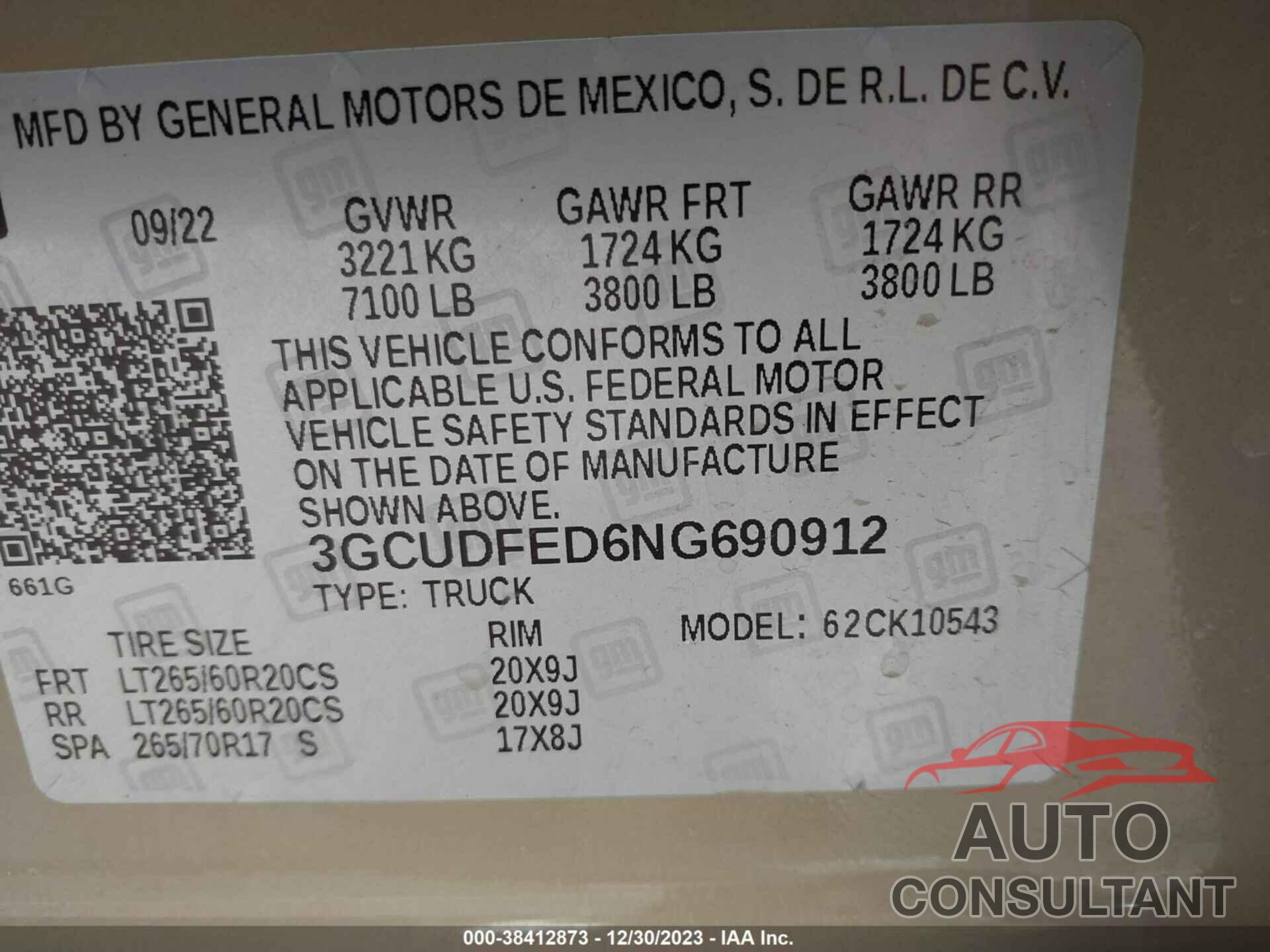 CHEVROLET SILVERADO 1500 2022 - 3GCUDFED6NG690912