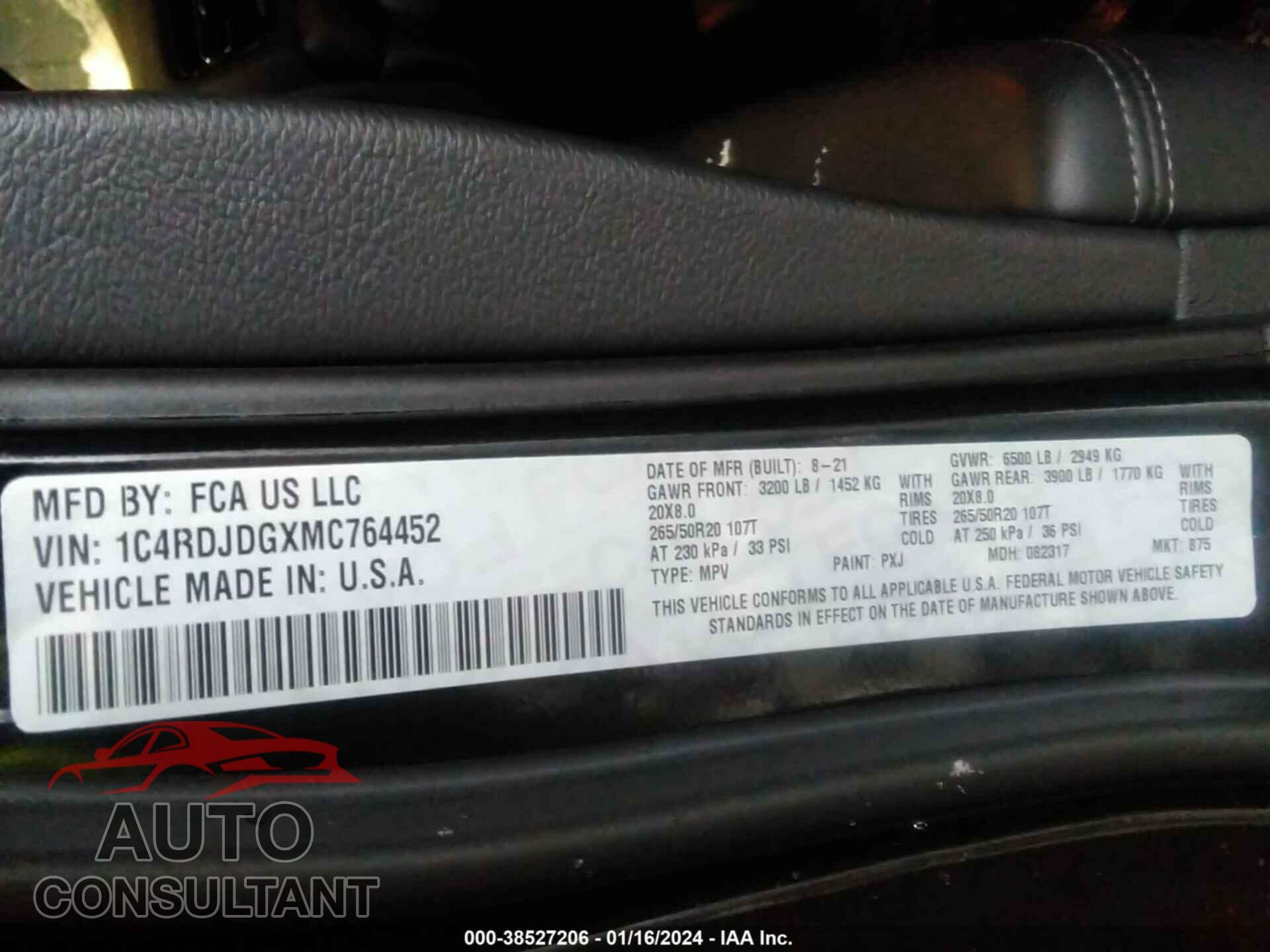 DODGE DURANGO 2021 - 1C4RDJDGXMC764452