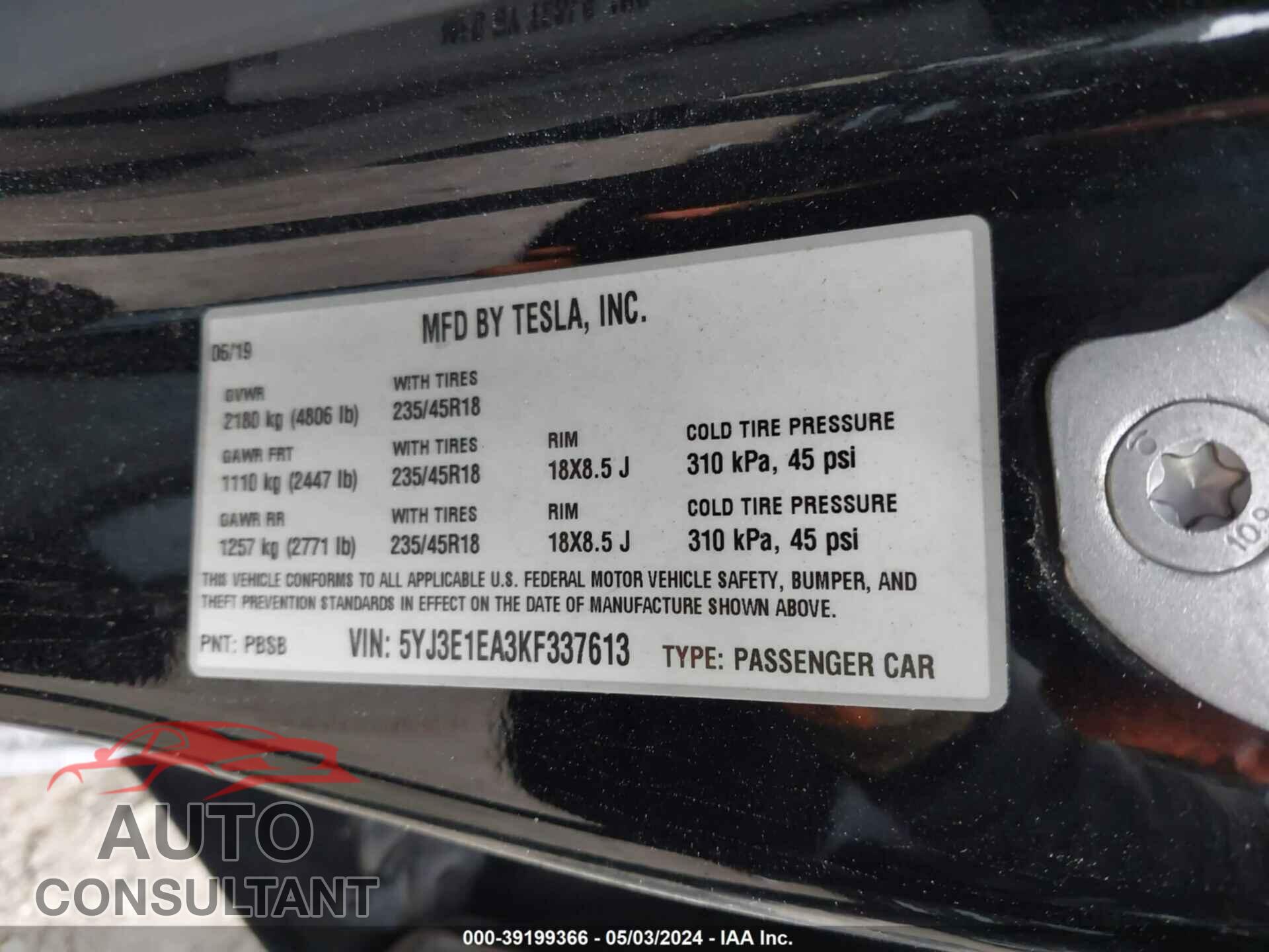 TESLA MODEL 3 2019 - 5YJ3E1EA3KF337613