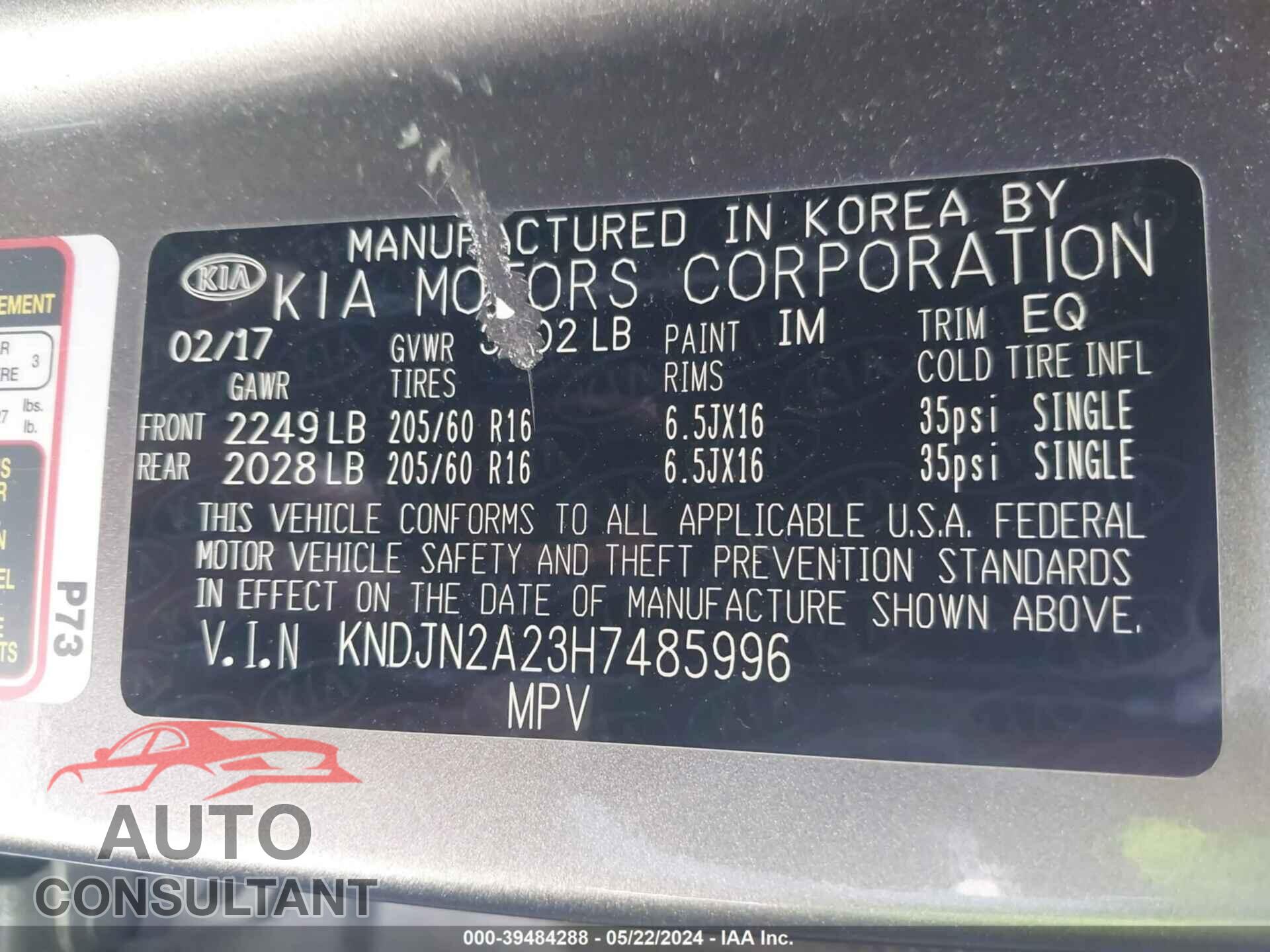 KIA SOUL 2017 - KNDJN2A23H7485996