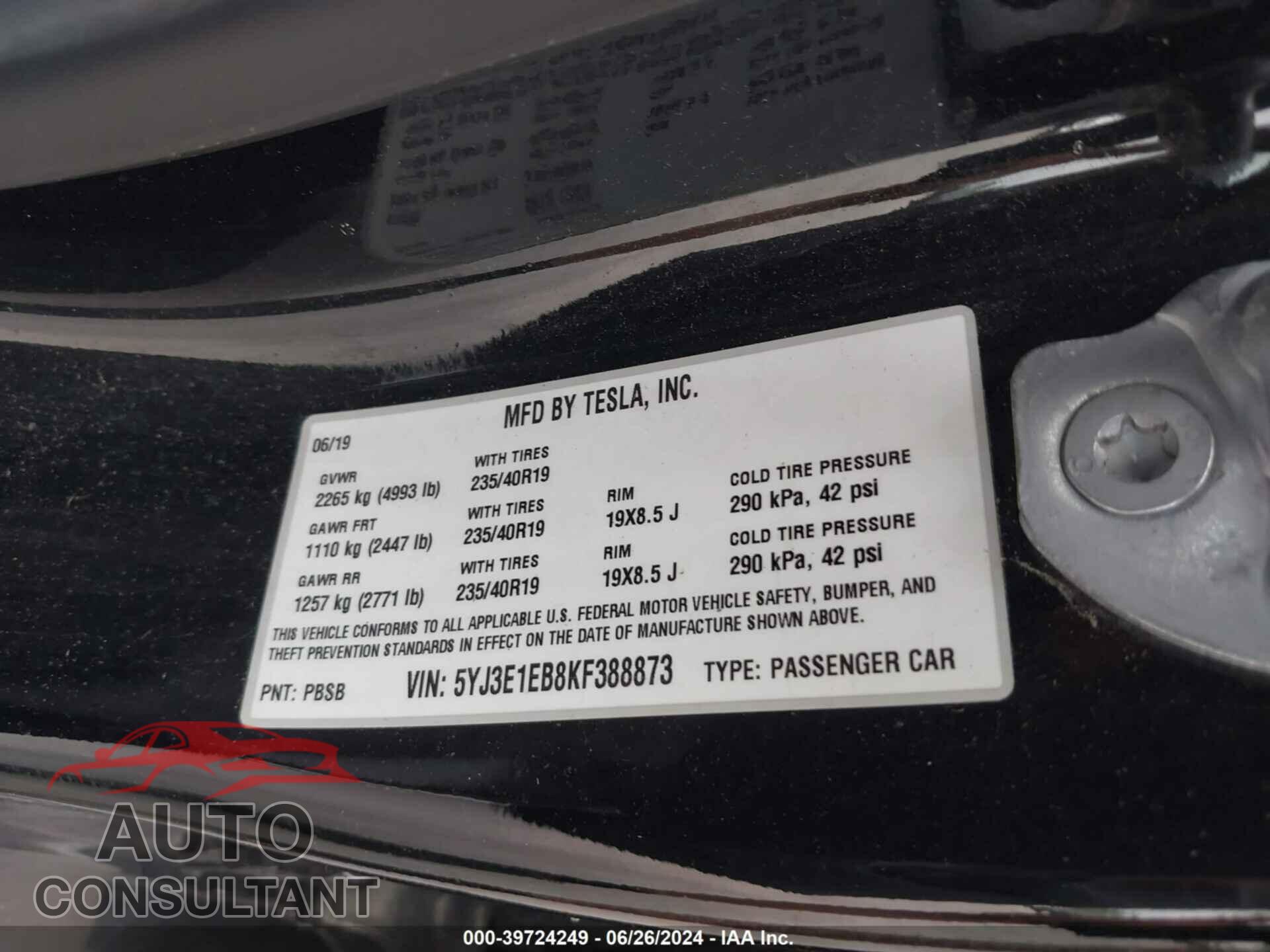 TESLA MODEL 3 2019 - 5YJ3E1EB8KF388873
