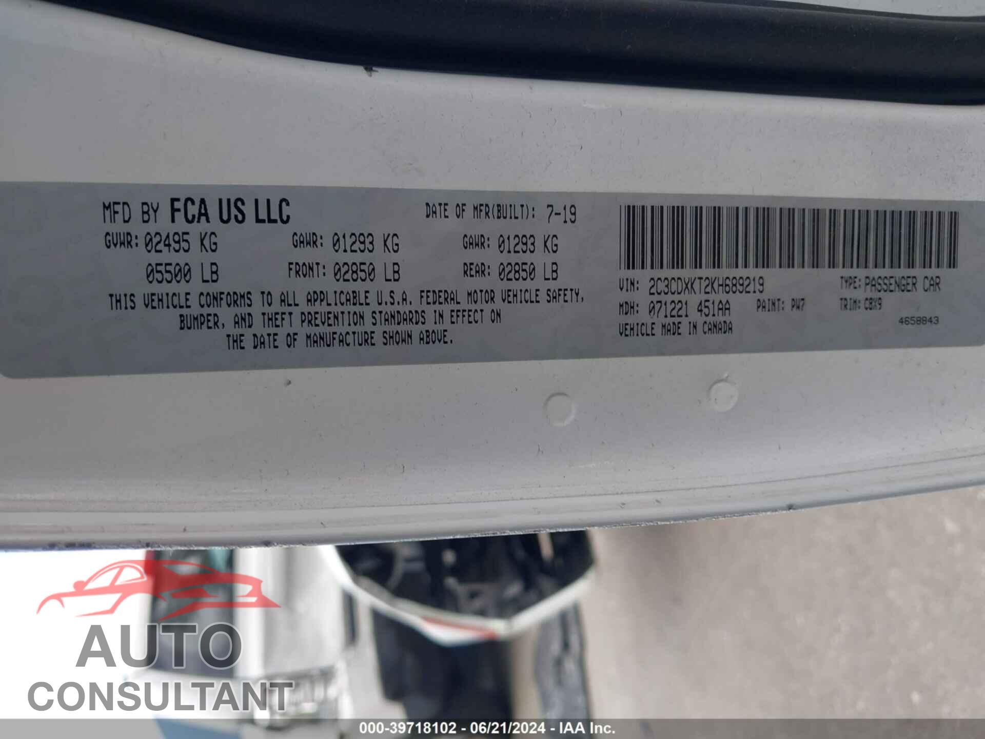 DODGE CHARGER 2019 - 2C3CDXKT2KH689219