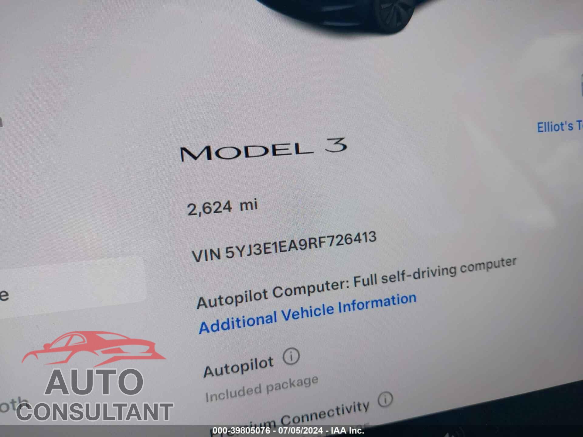 TESLA MODEL 3 2024 - 5YJ3E1EA9RF726413