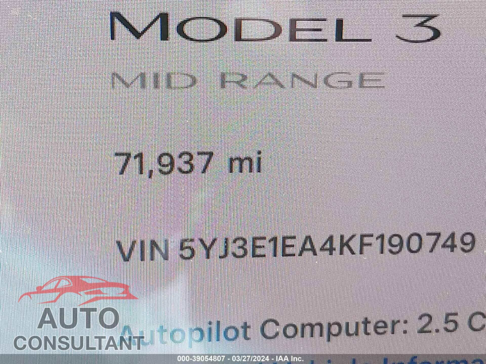 TESLA MODEL 3 2019 - 5YJ3E1EA4KF190749