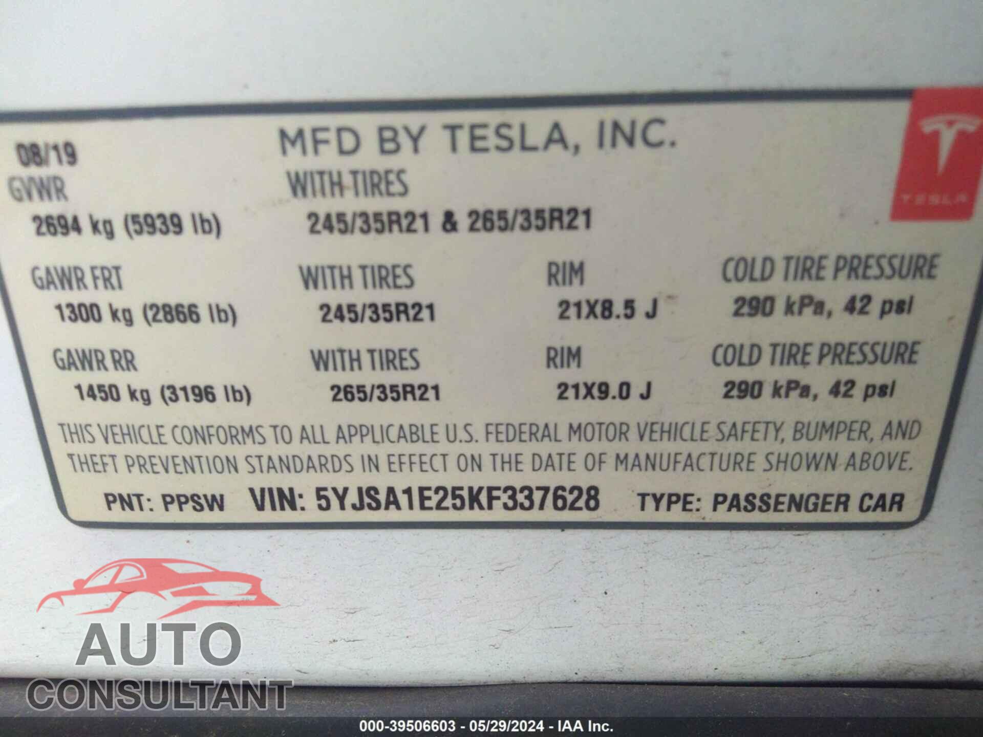 TESLA MODEL S 2019 - 5YJSA1E25KF337628
