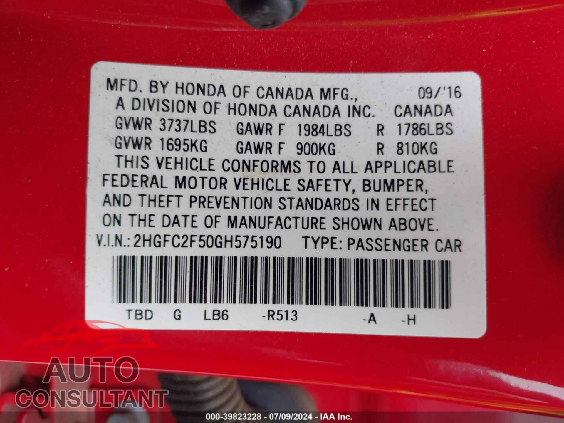 HONDA CIVIC 2016 - 2HGFC2F50GH575190