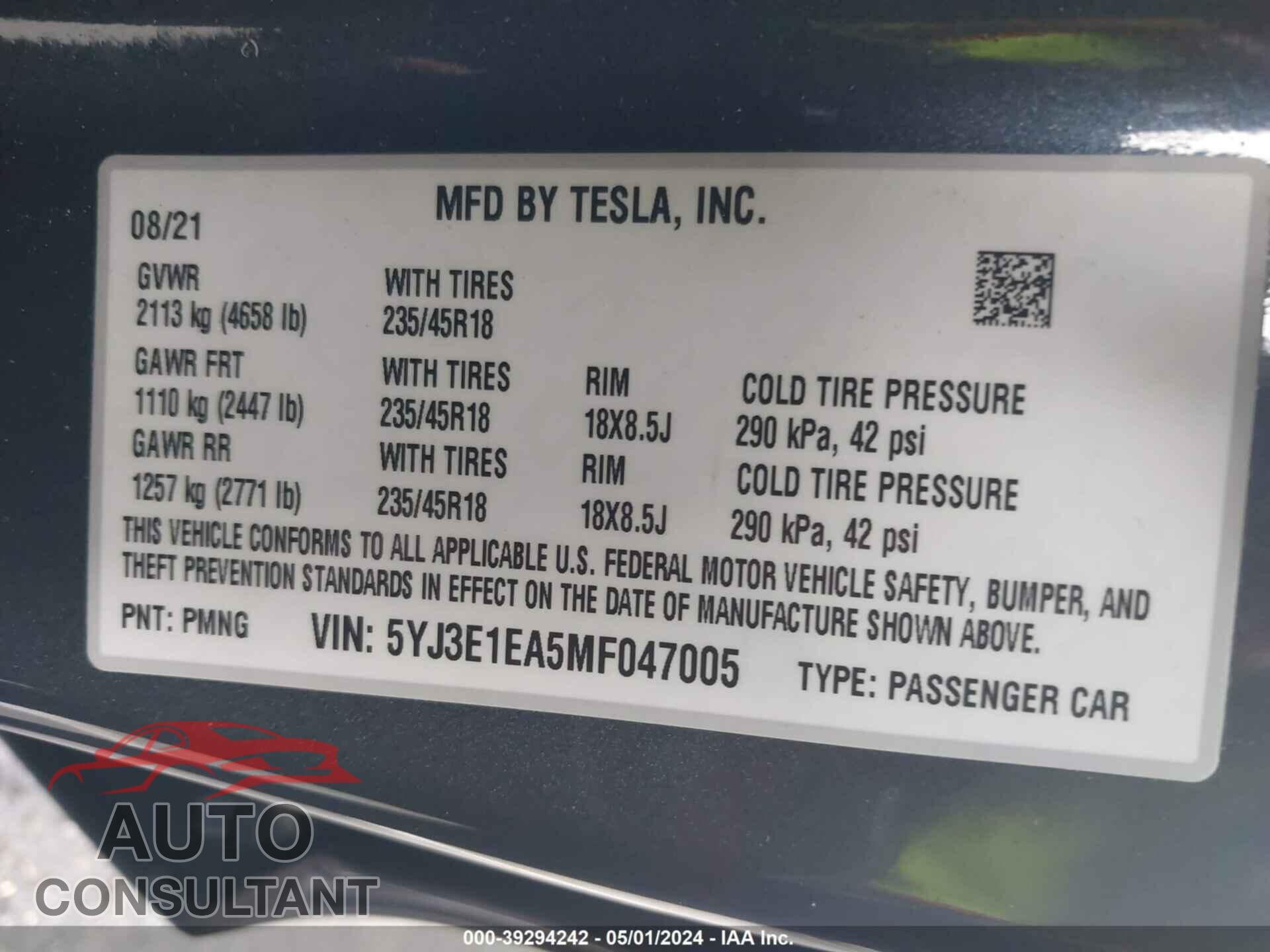 TESLA MODEL 3 2021 - 5YJ3E1EA5MF047005