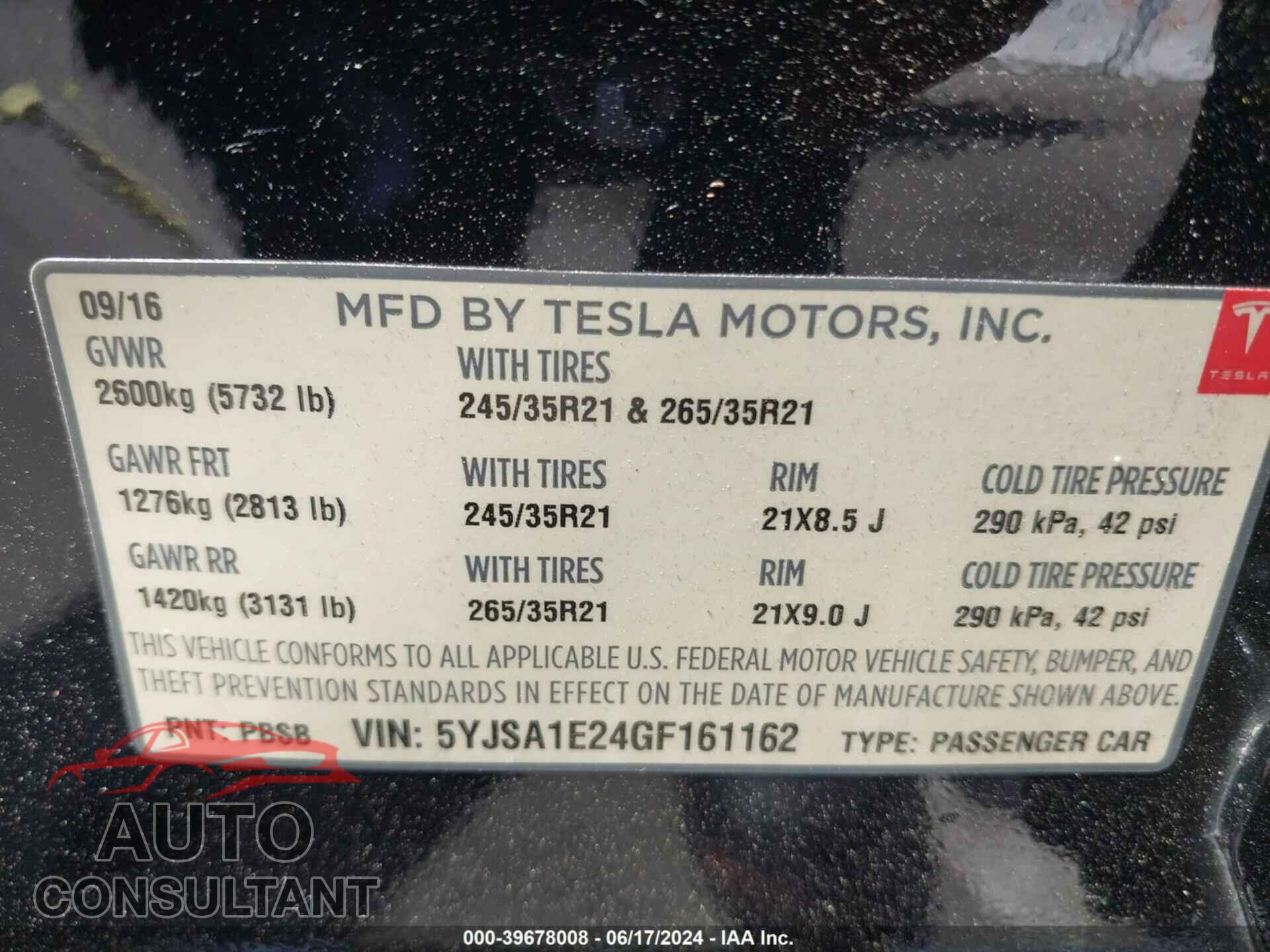 TESLA MODEL S 2016 - 5YJSA1E24GF161162