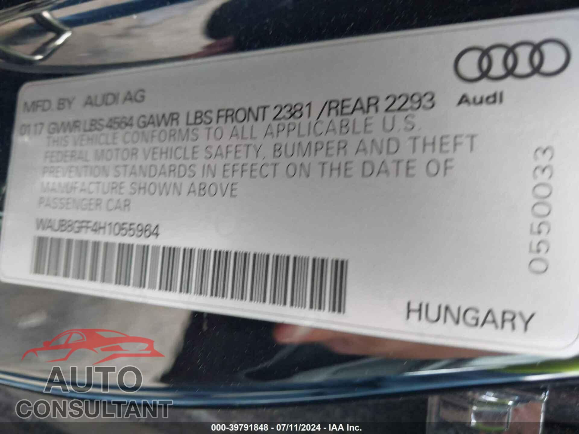 AUDI A3 2017 - WAUB8GFF4H1055964