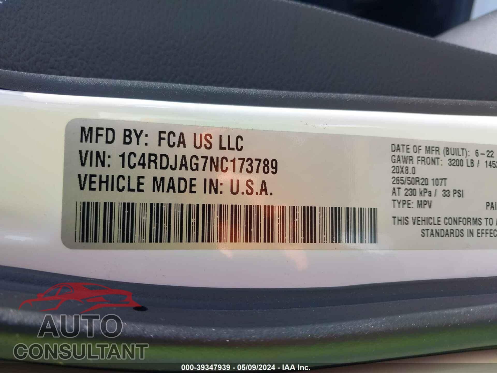 DODGE DURANGO 2022 - 1C4RDJAG7NC173789