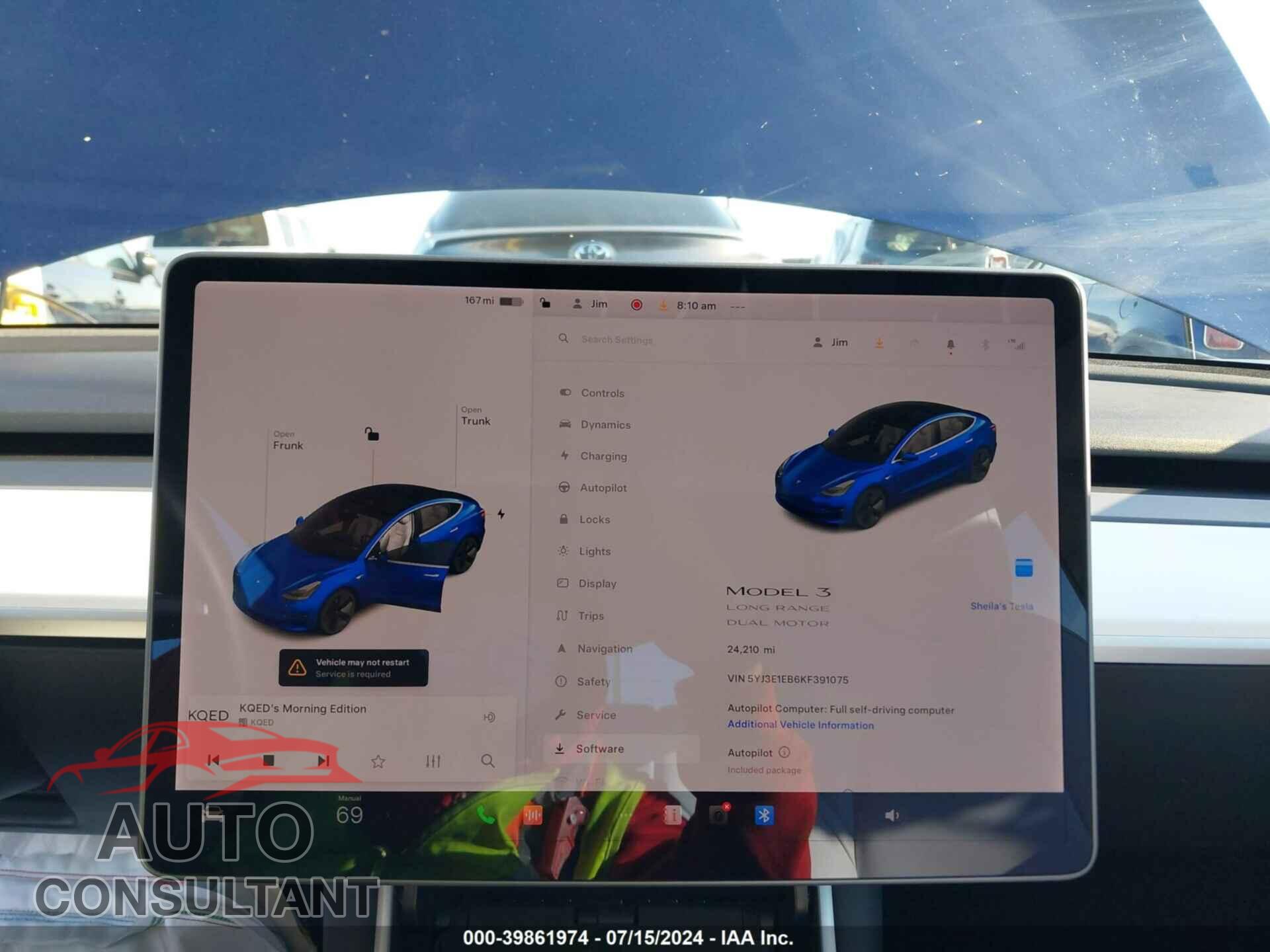 TESLA MODEL 3 2019 - 5YJ3E1EB6KF391075