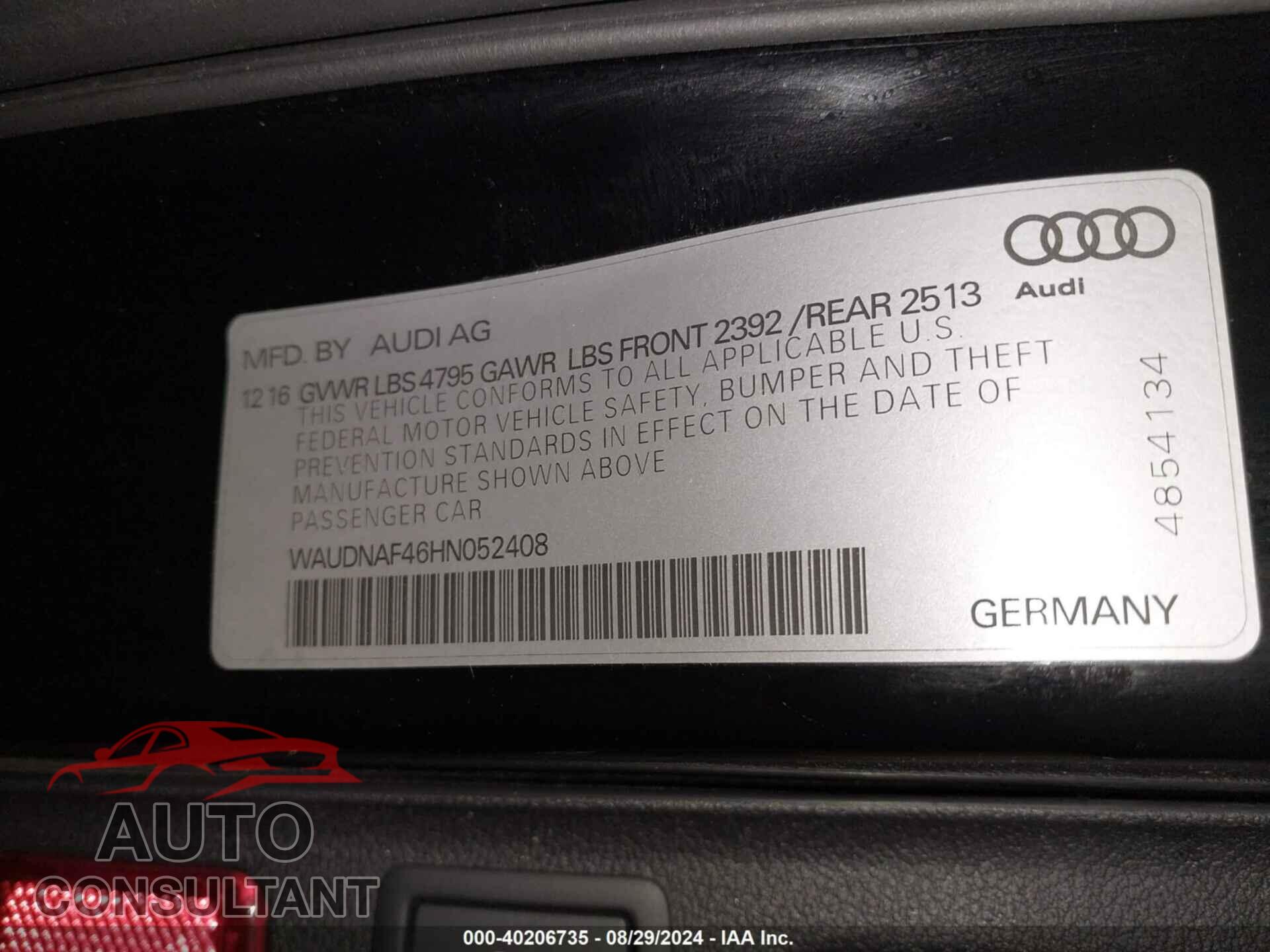AUDI A4 2017 - WAUDNAF46HN052408