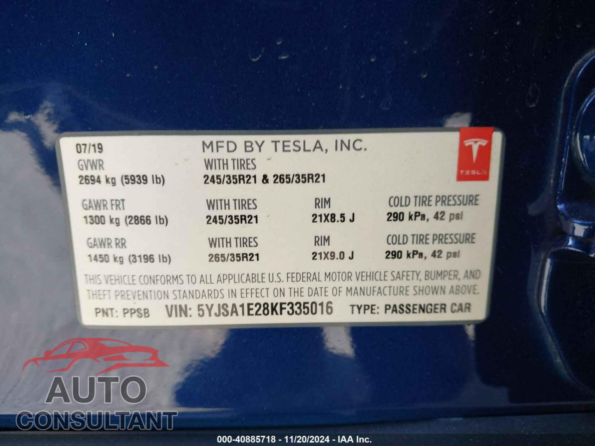 TESLA MODEL S 2019 - 5YJSA1E28KF335016