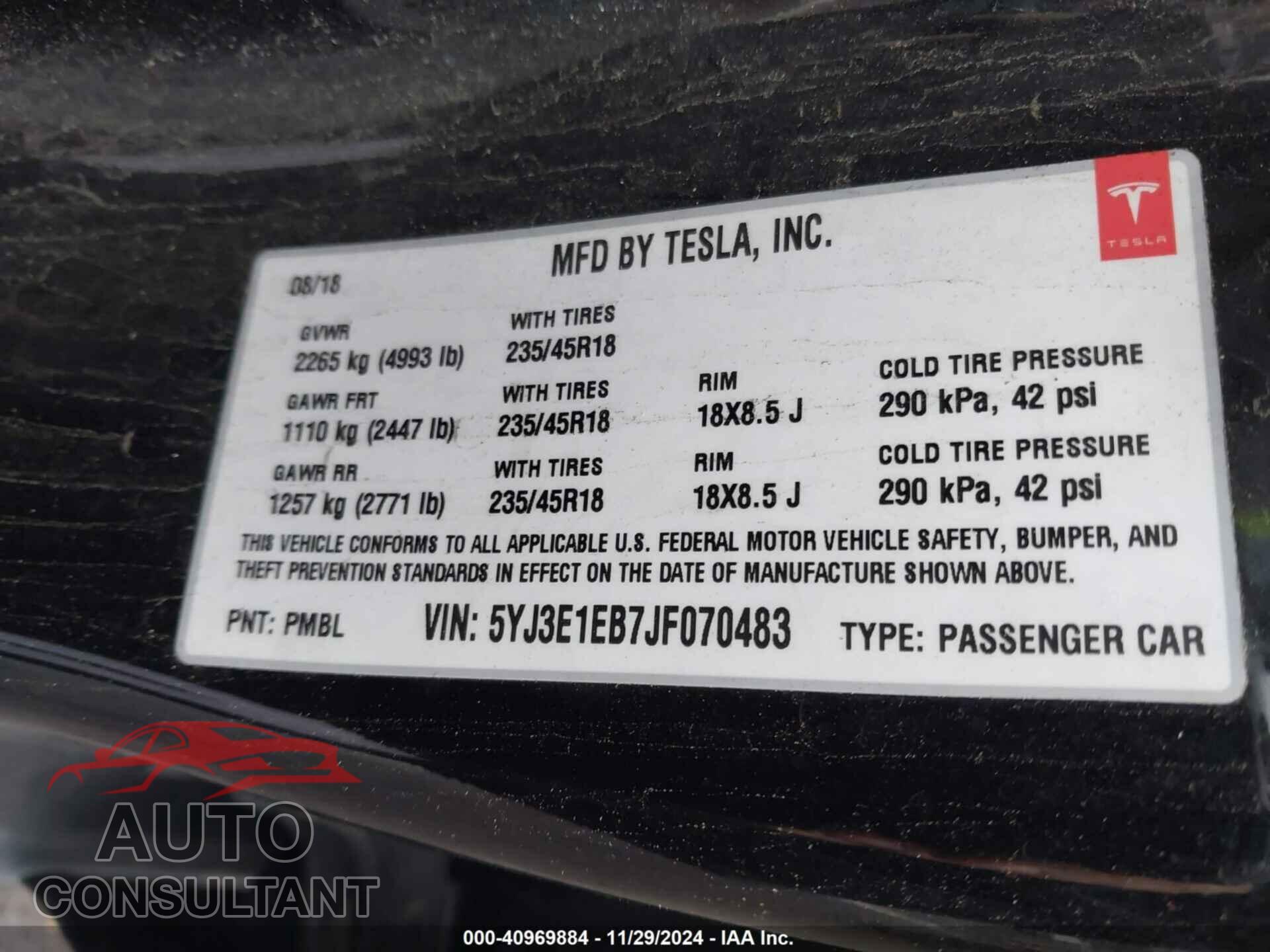 TESLA MODEL 3 2018 - 5YJ3E1EB7JF070483