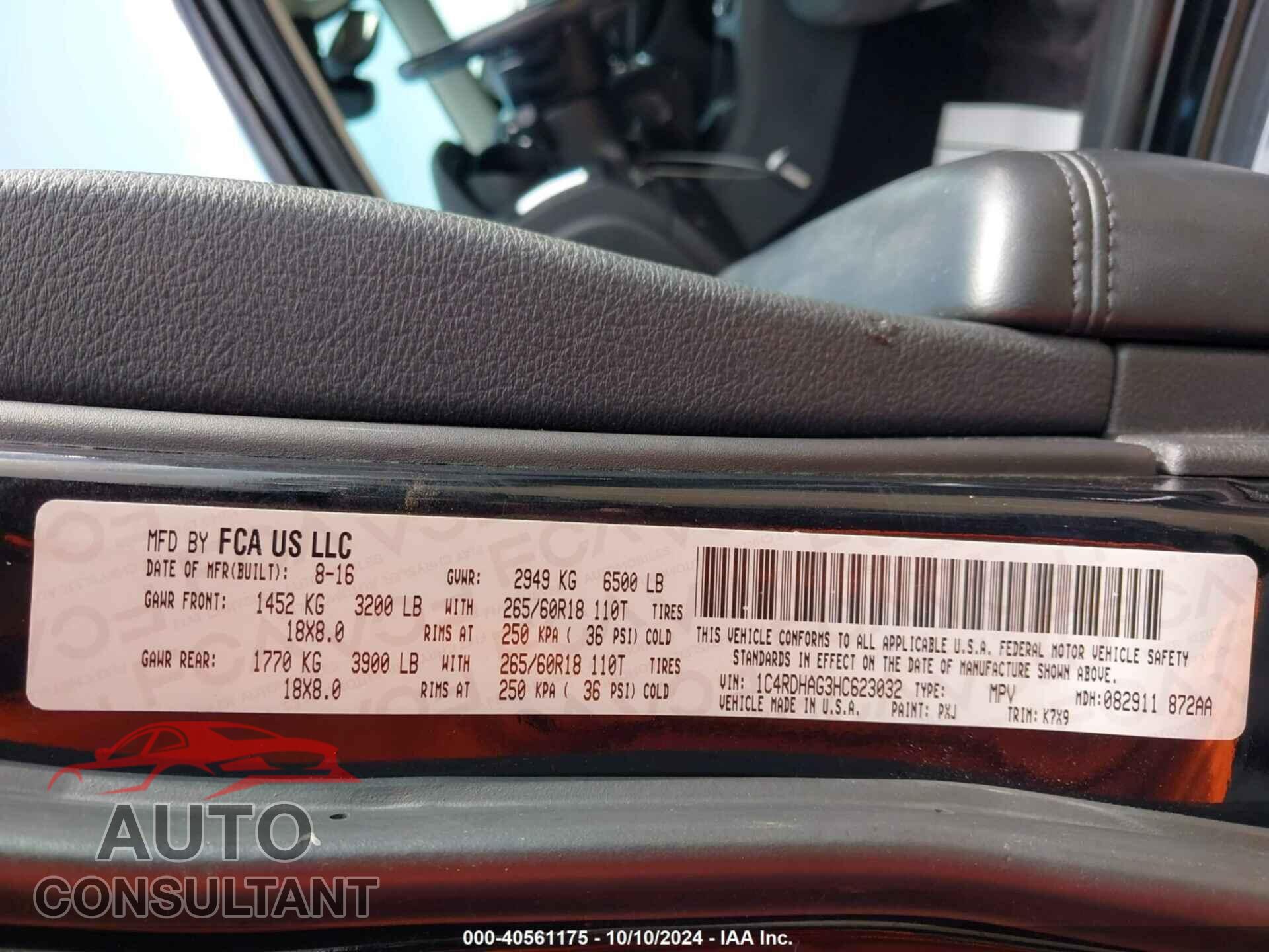 DODGE DURANGO 2017 - 1C4RDHAG3HC623032
