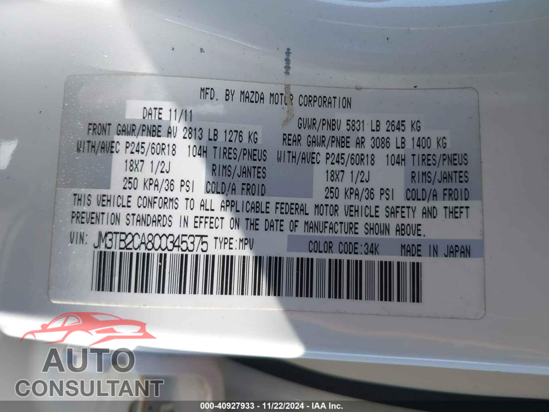 MAZDA CX-9 2012 - JM3TB2CA8C0345375