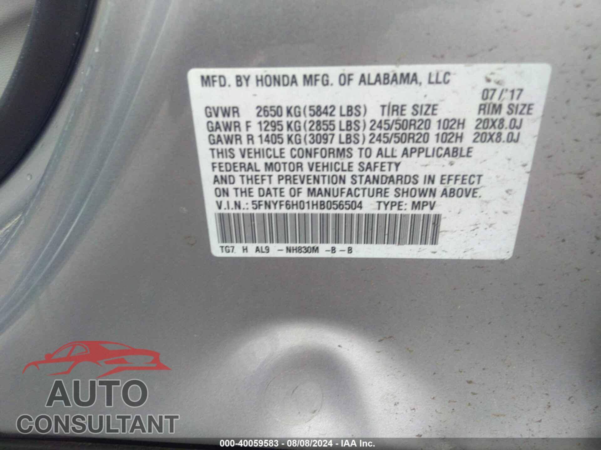 HONDA PILOT 2017 - 5FNYF6H01HB056504