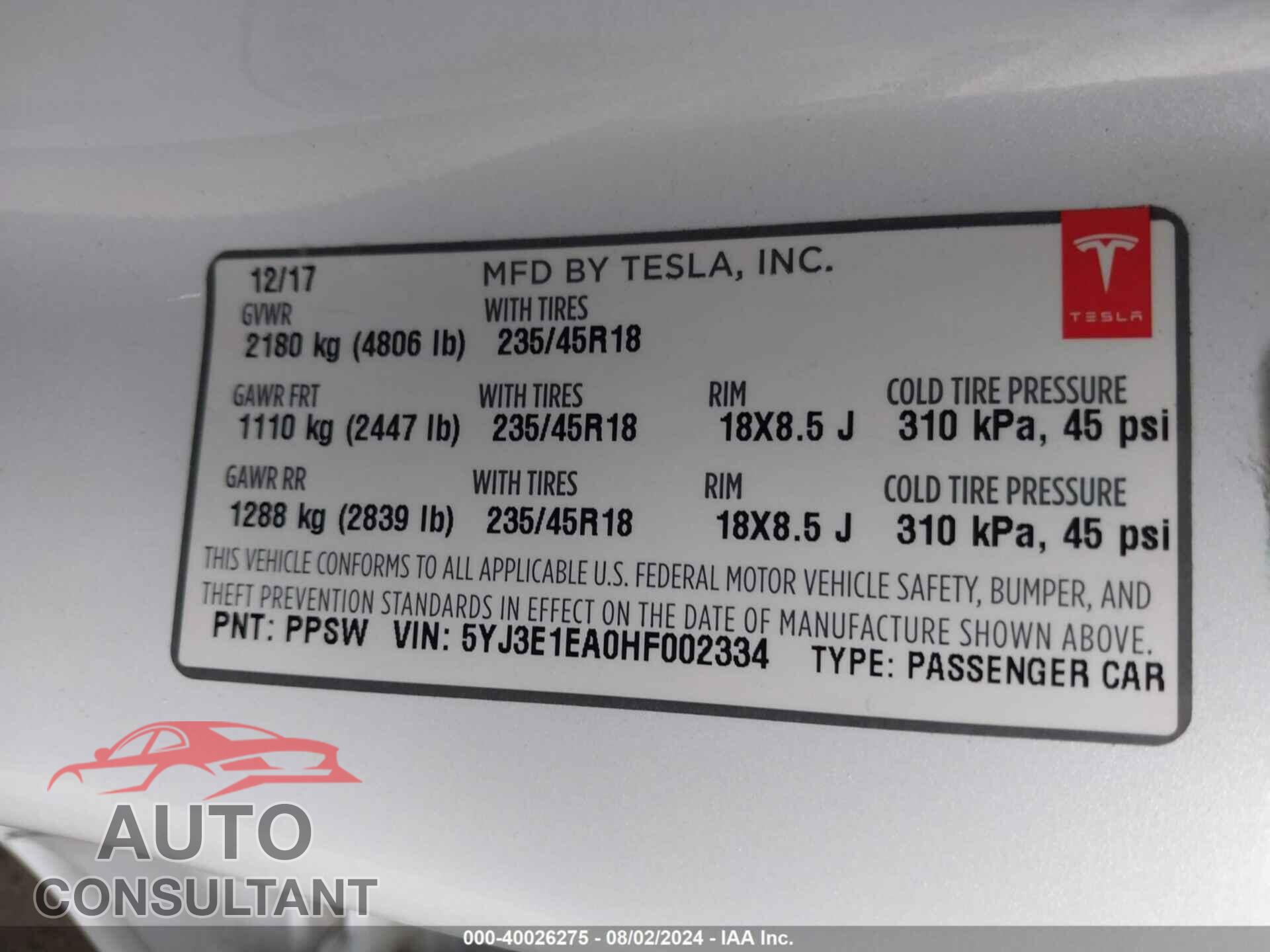 TESLA MODEL 3 2017 - 5YJ3E1EA0HF002334