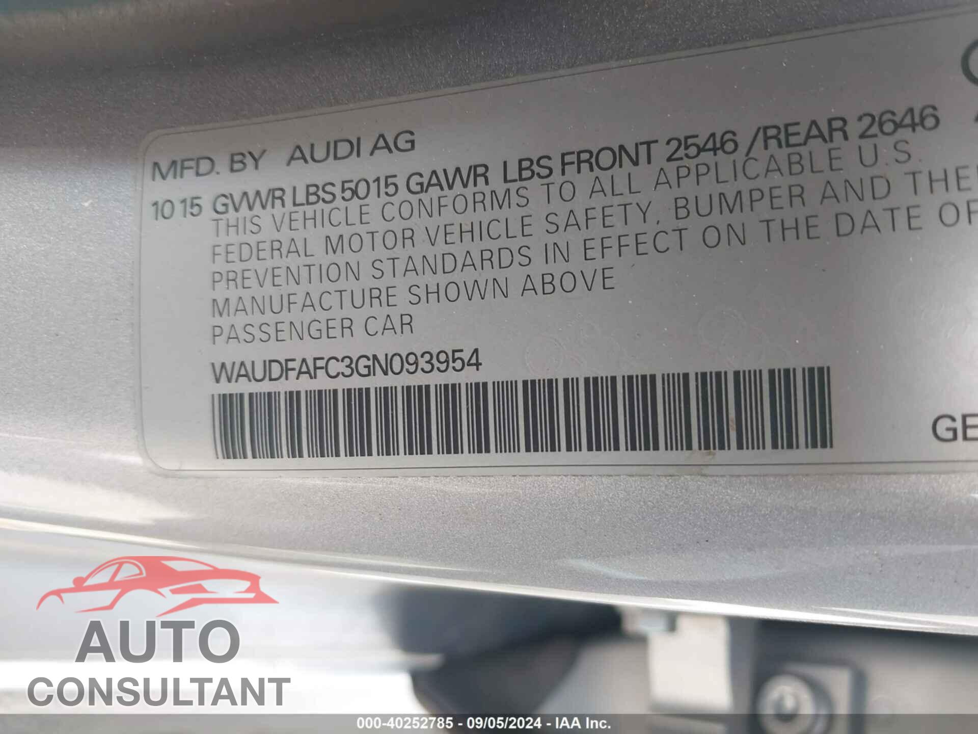 AUDI A6 2016 - WAUDFAFC3GN093954