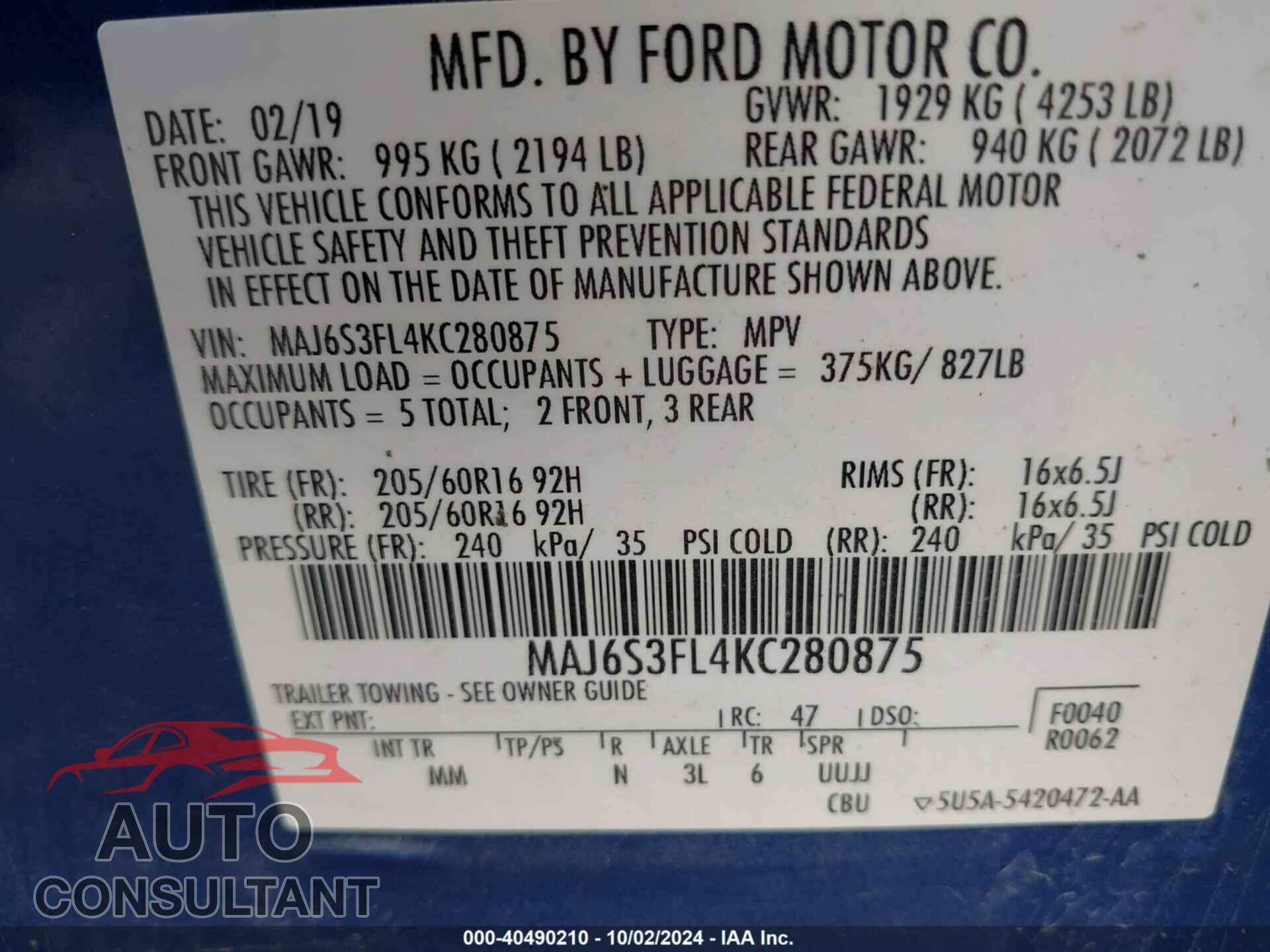 FORD ECOSPORT 2019 - MAJ6S3FL4KC280875