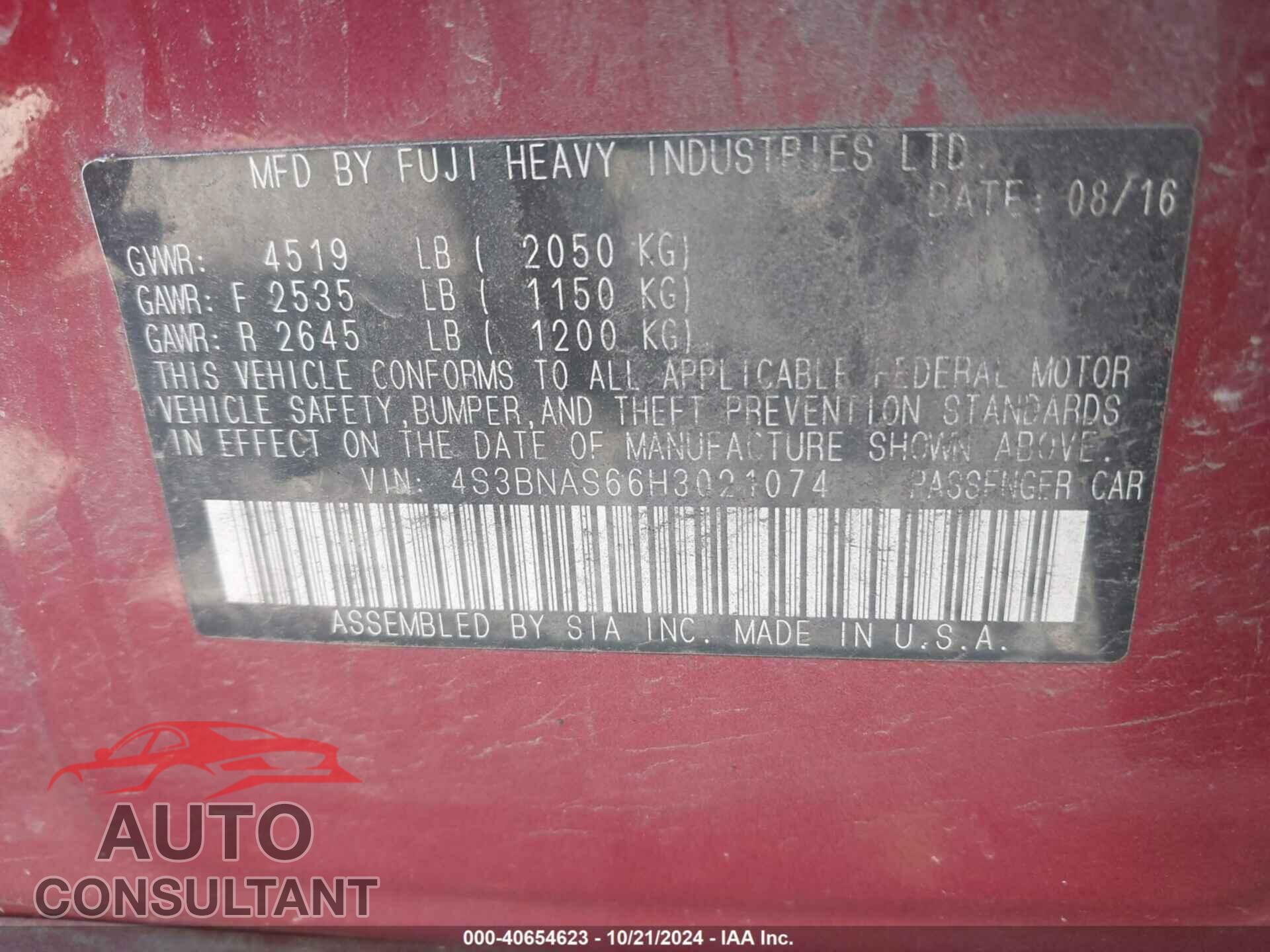 SUBARU LEGACY 2017 - 4S3BNAS66H3021074
