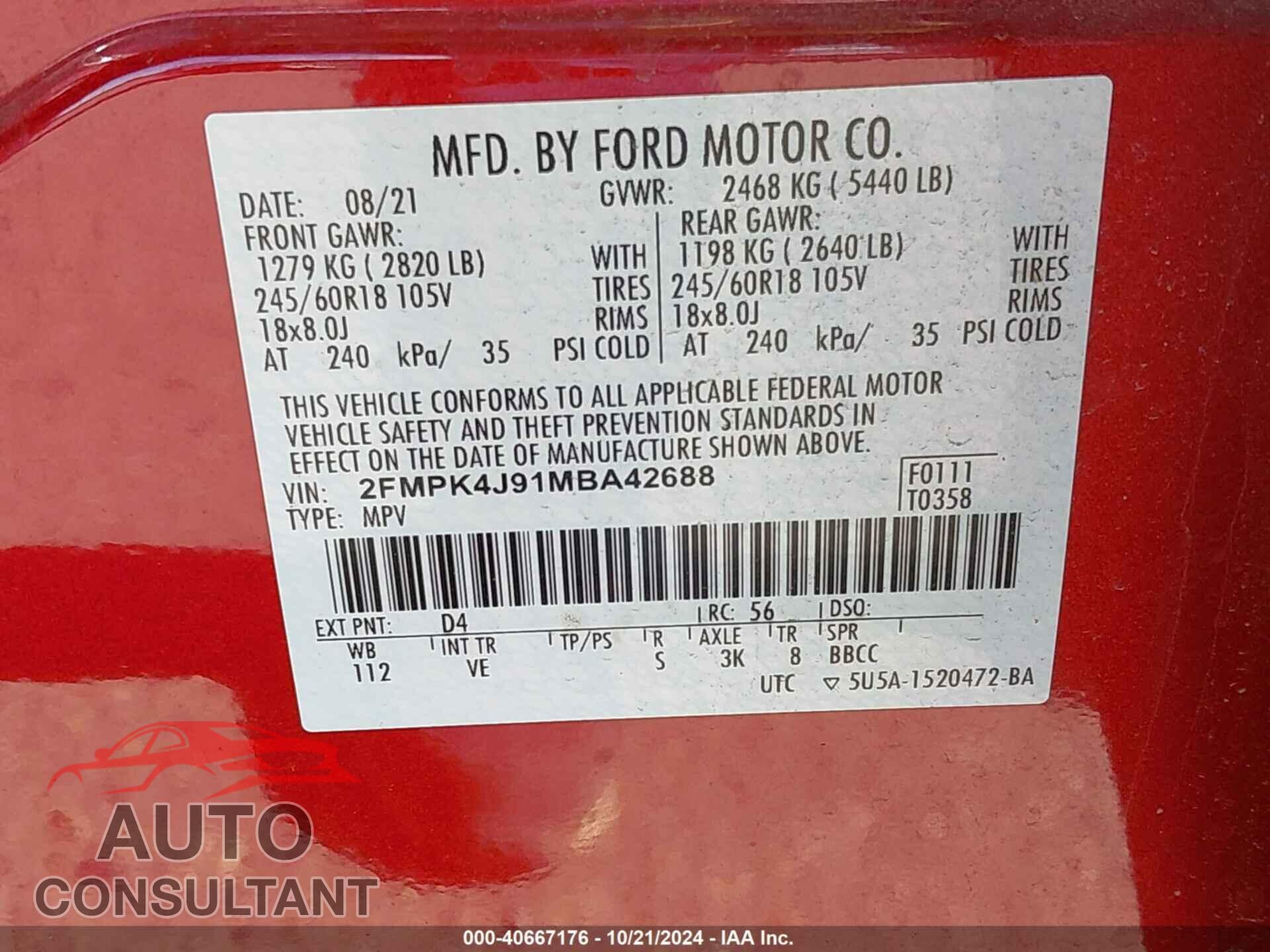 FORD EDGE 2021 - 2FMPK4J91MBA42688