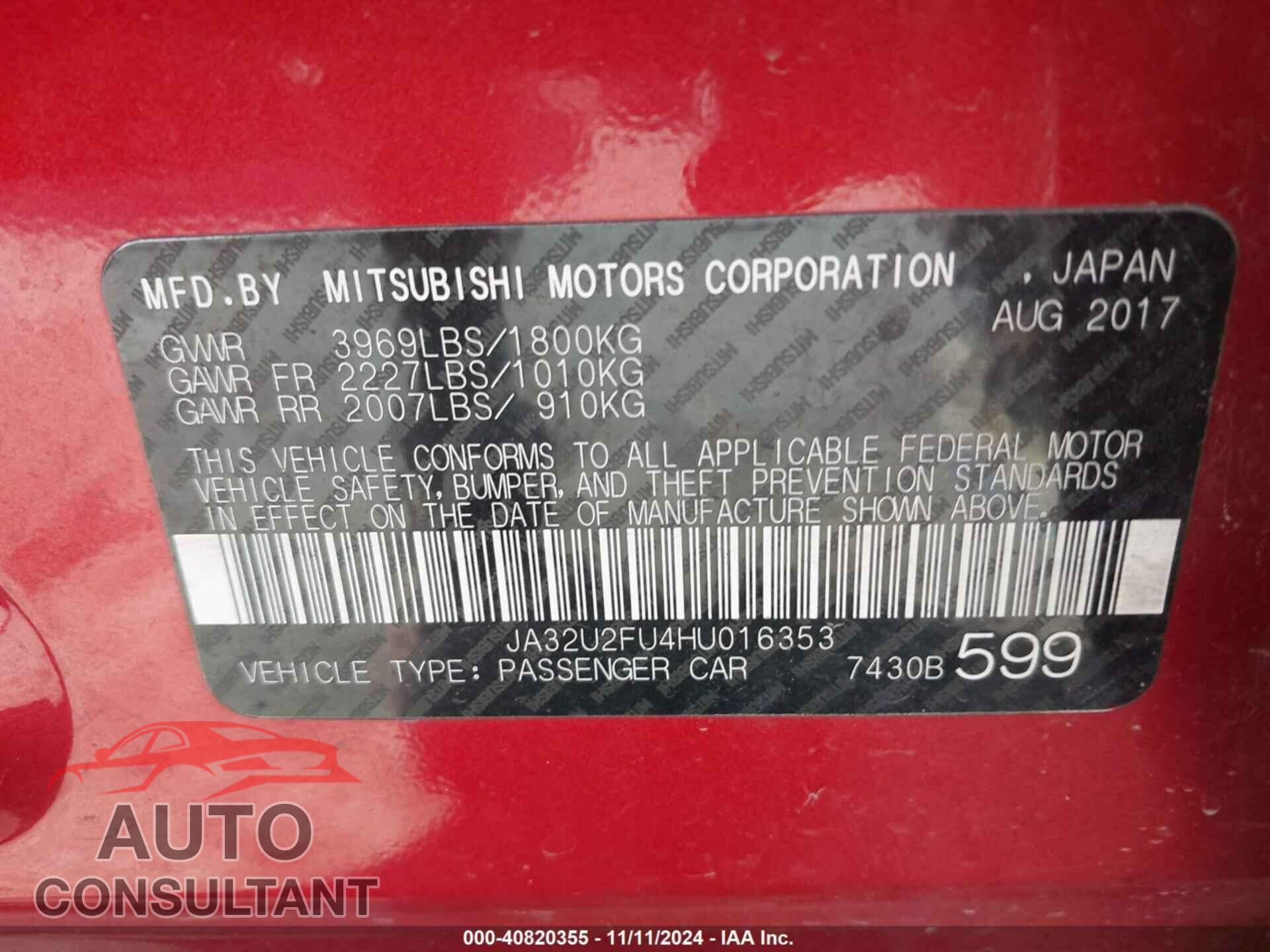MITSUBISHI LANCER 2017 - JA32U2FU4HU016353