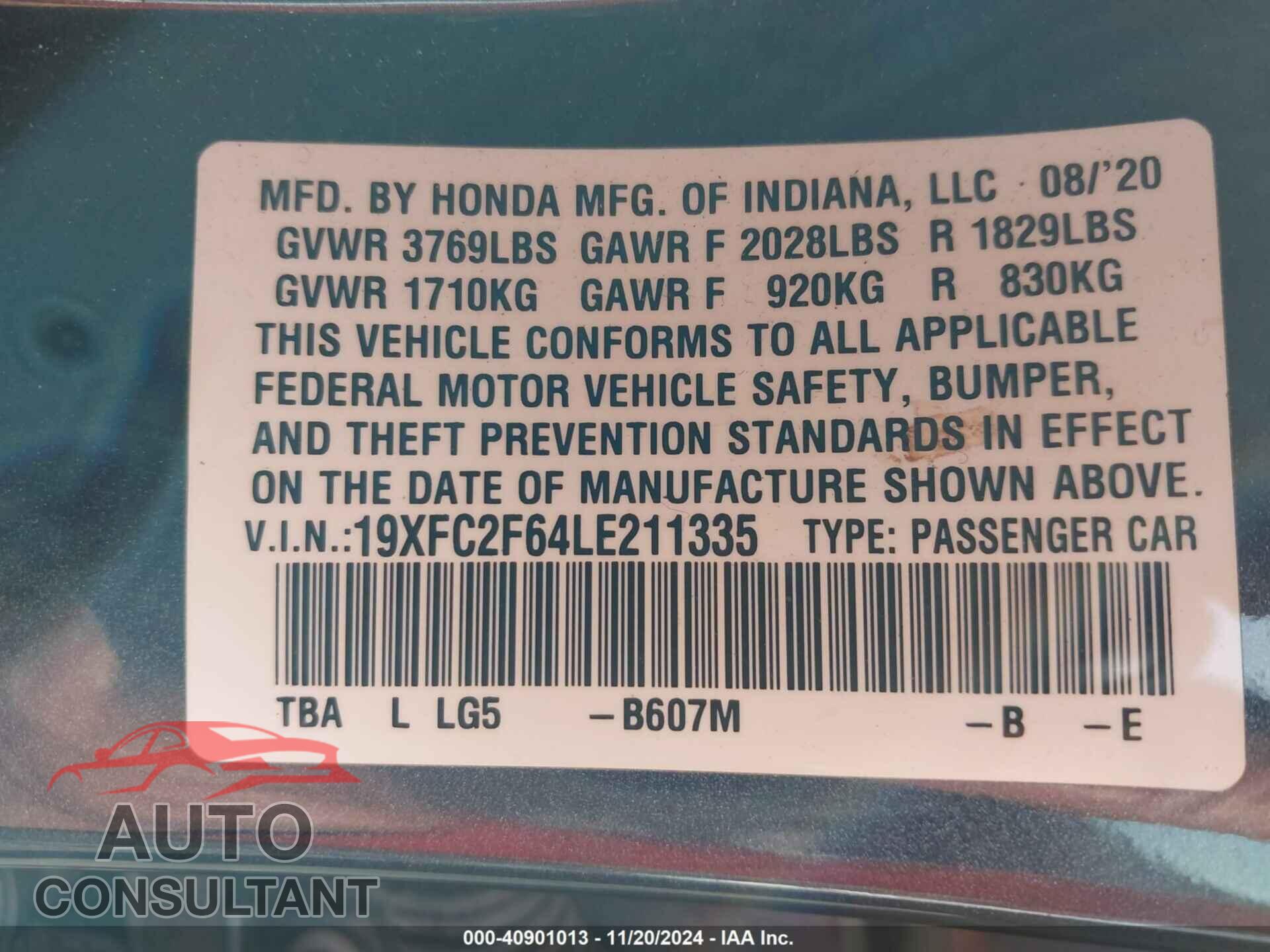 HONDA CIVIC 2020 - 19XFC2F64LE211335