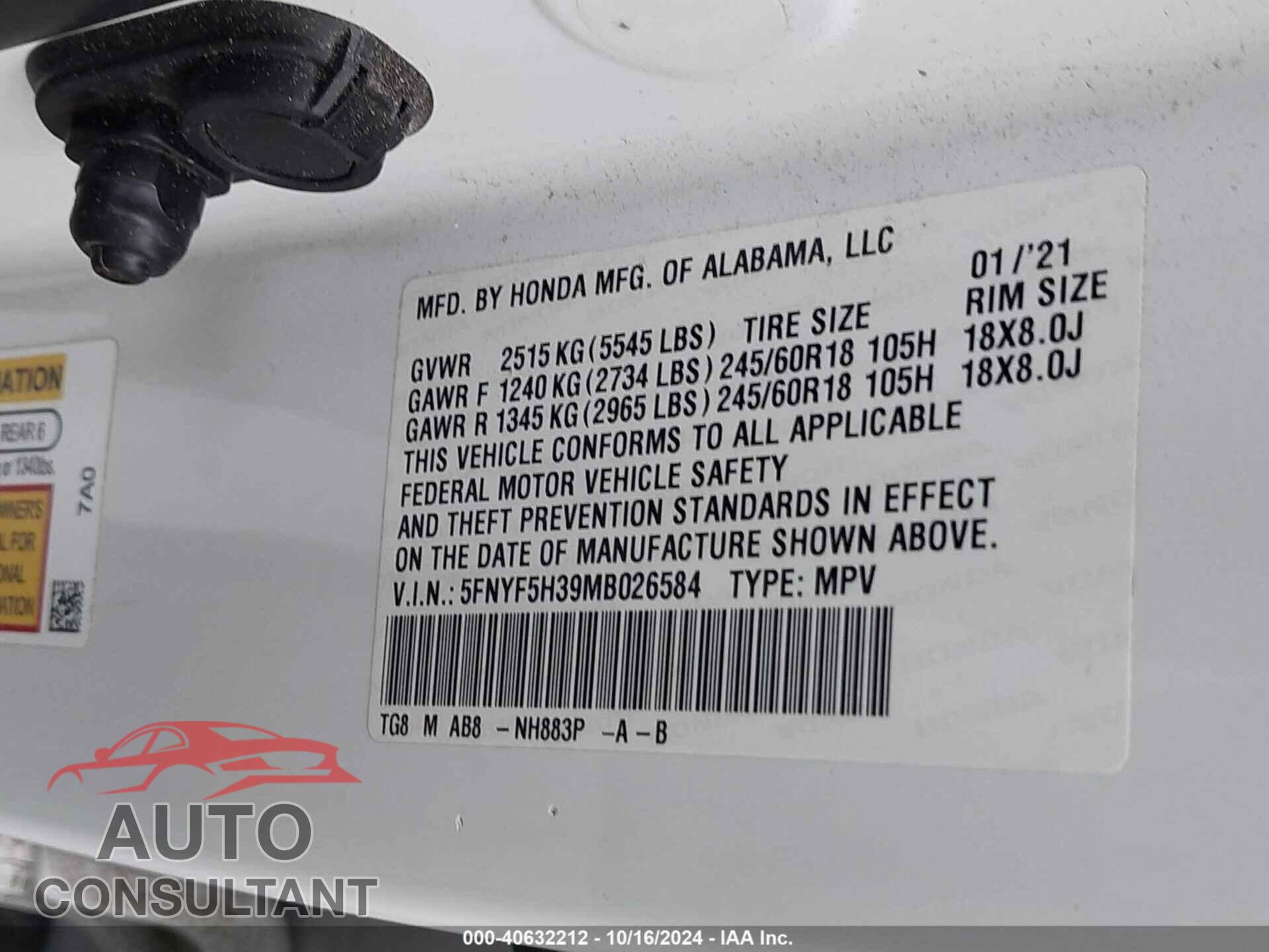 HONDA PILOT 2021 - 5FNYF5H39MB026584