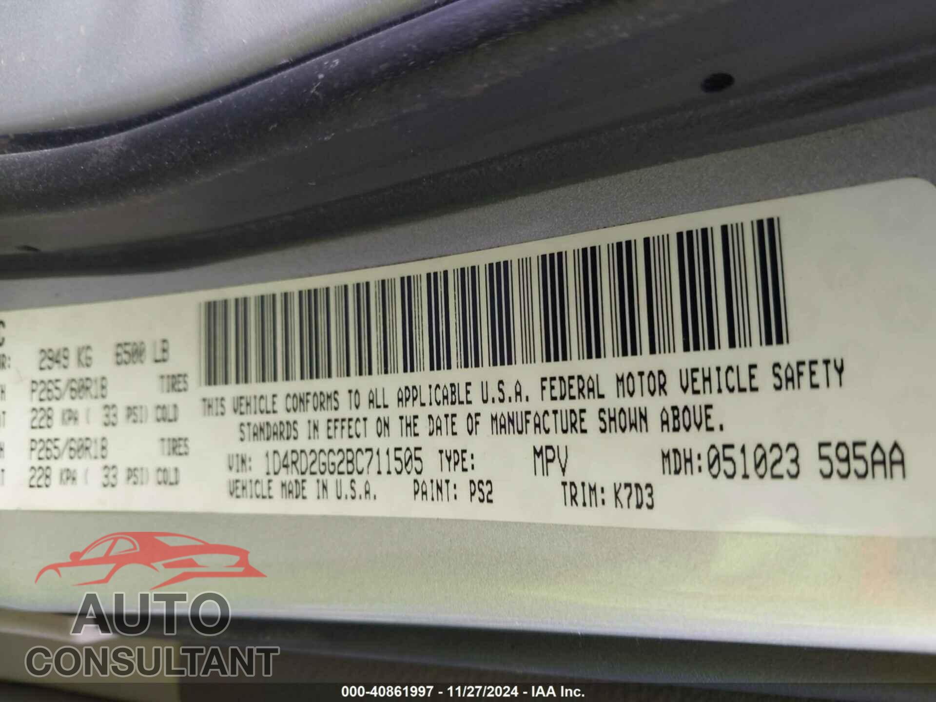 DODGE DURANGO 2011 - 1D4RD2GG2BC711505