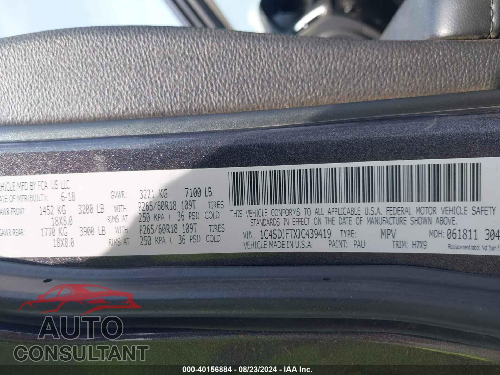 DODGE DURANGO 2018 - 1C4SDJFTXJC439419