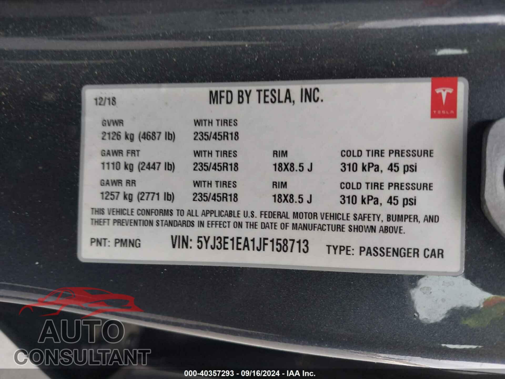 TESLA MODEL 3 2018 - 5YJ3E1EA1JF158713