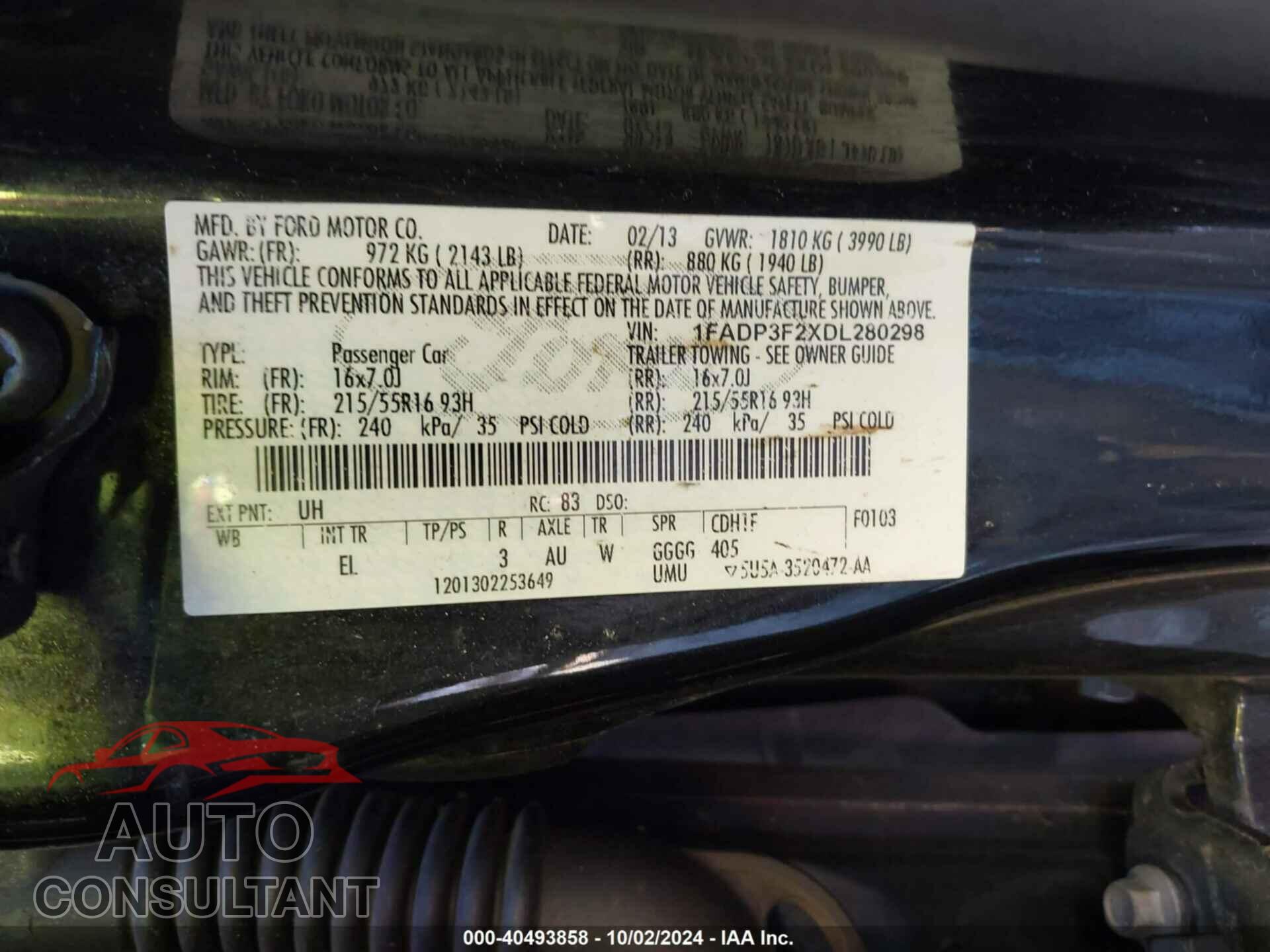 FORD FOCUS 2013 - 1FADP3F2XDL280298