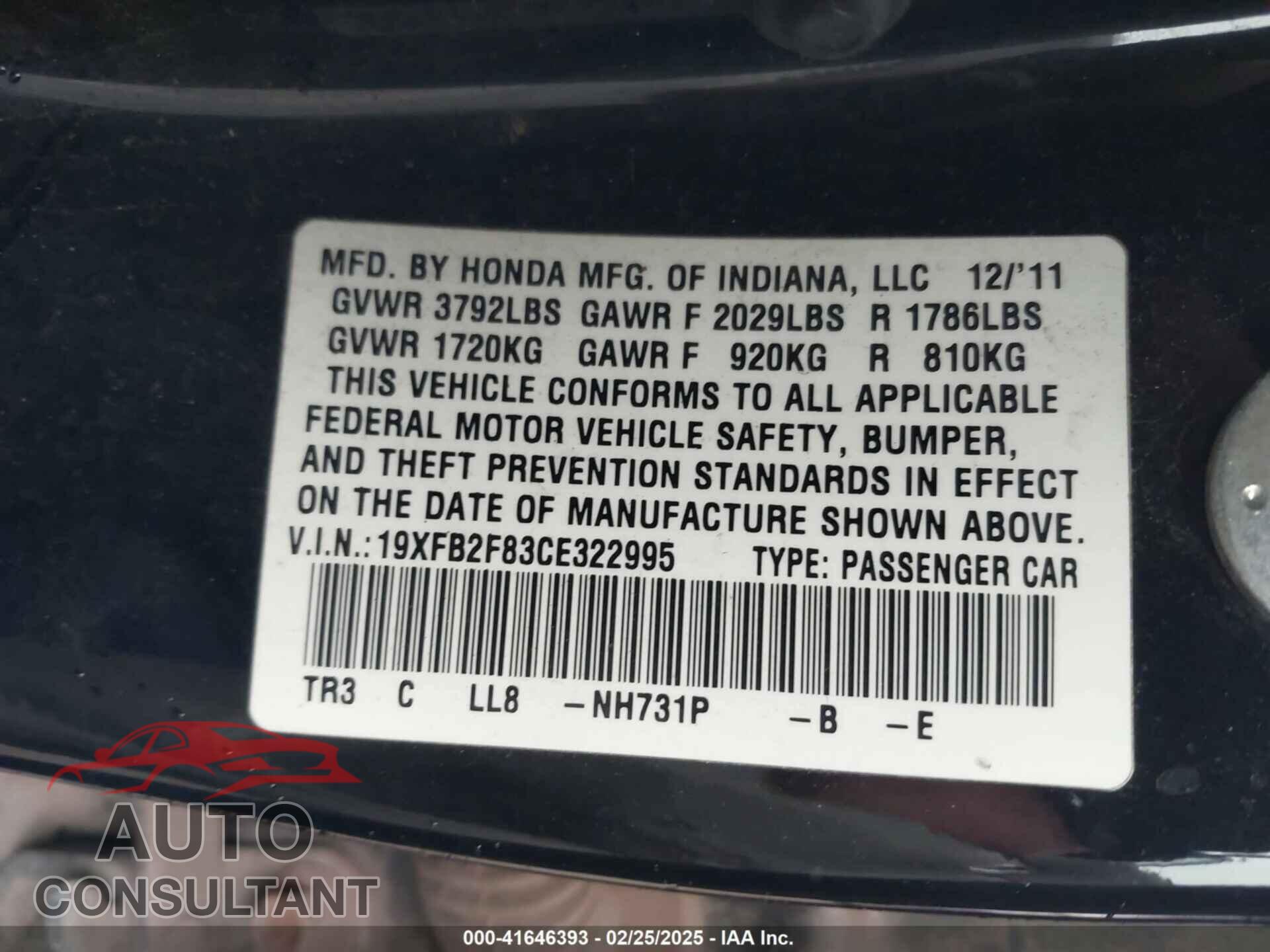 HONDA CIVIC 2012 - 19XFB2F83CE322995