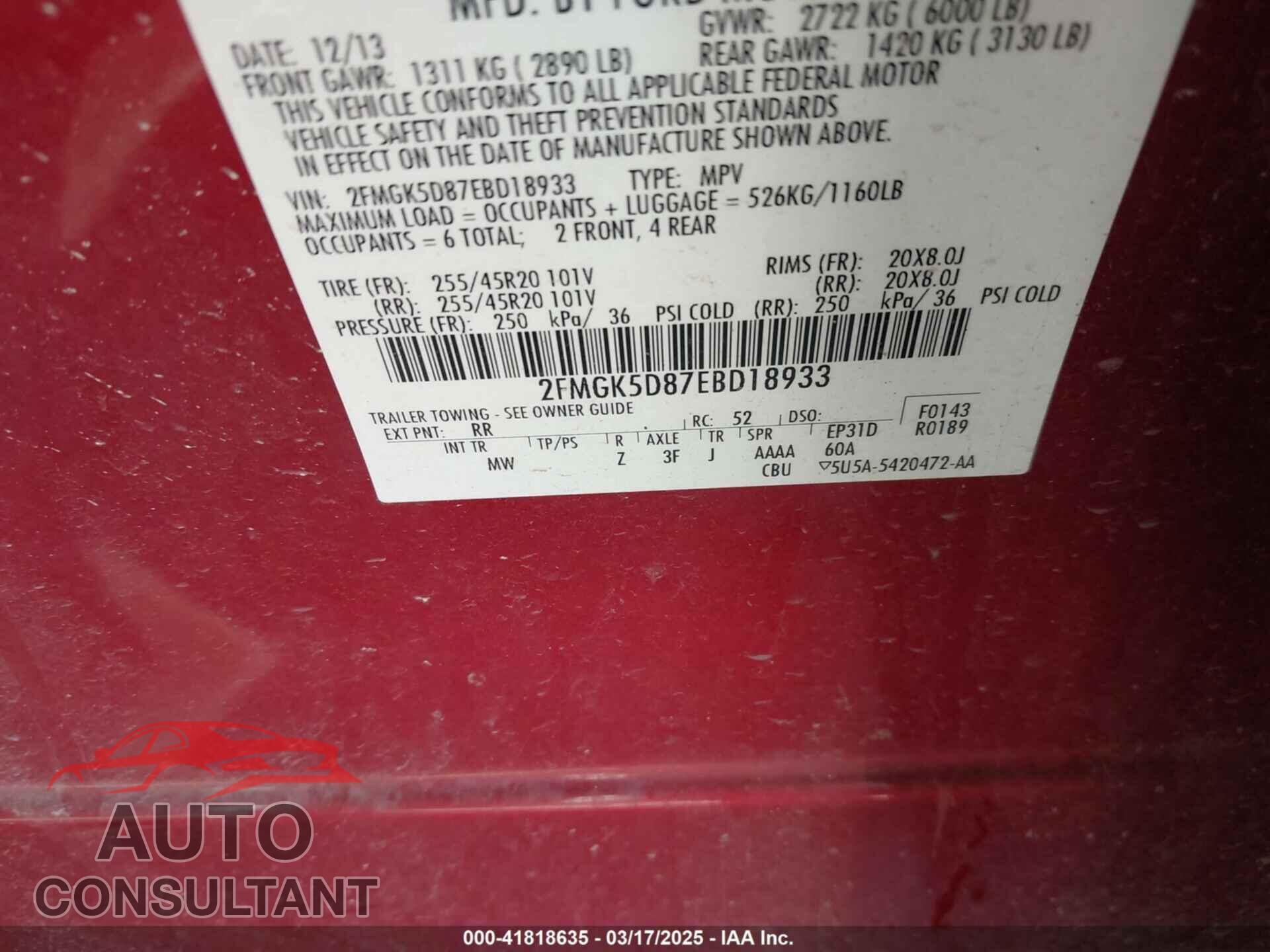 FORD FLEX 2014 - 2FMGK5D87EBD18933