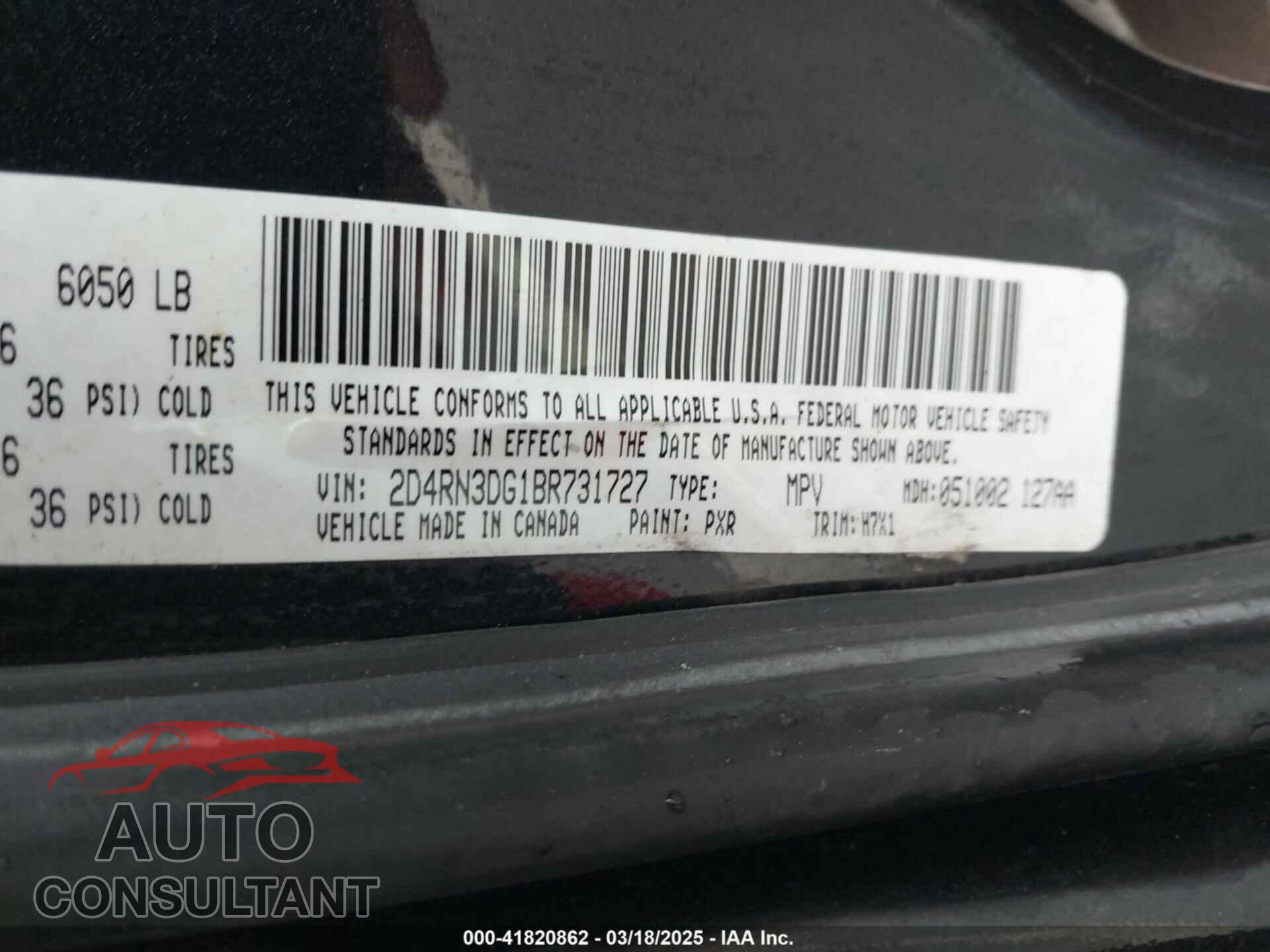 DODGE GRAND CARAVAN 2011 - 2D4RN3DG1BR731727