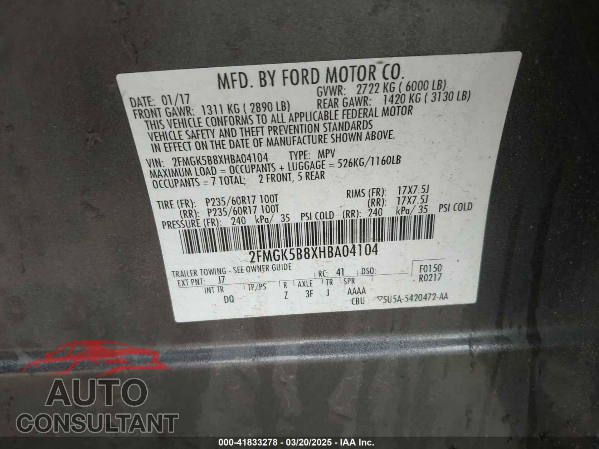 FORD FLEX 2017 - 2FMGK5B8XHBA04104