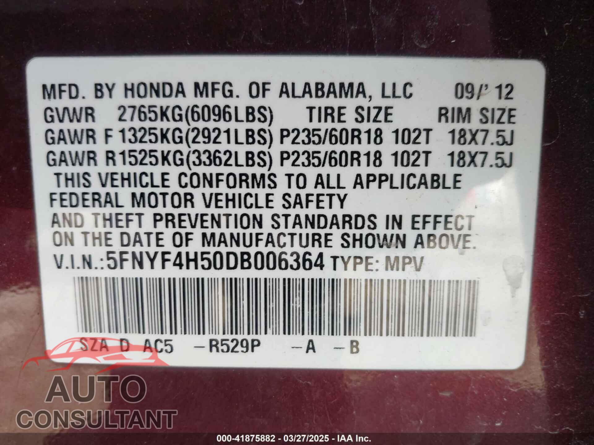 HONDA PILOT 2013 - 5FNYF4H50DB006364