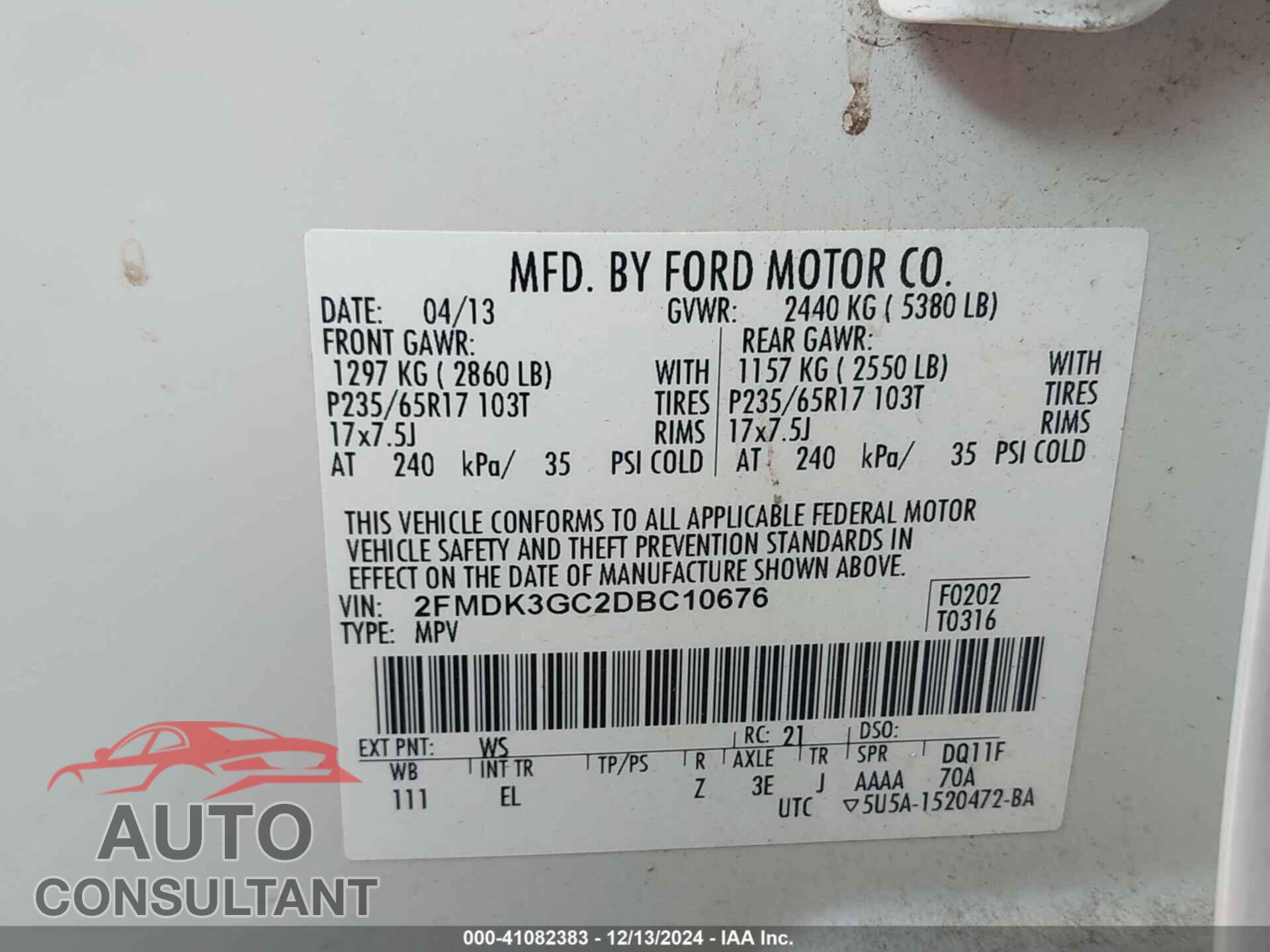 FORD EDGE 2013 - 2FMDK3GC2DBC10676