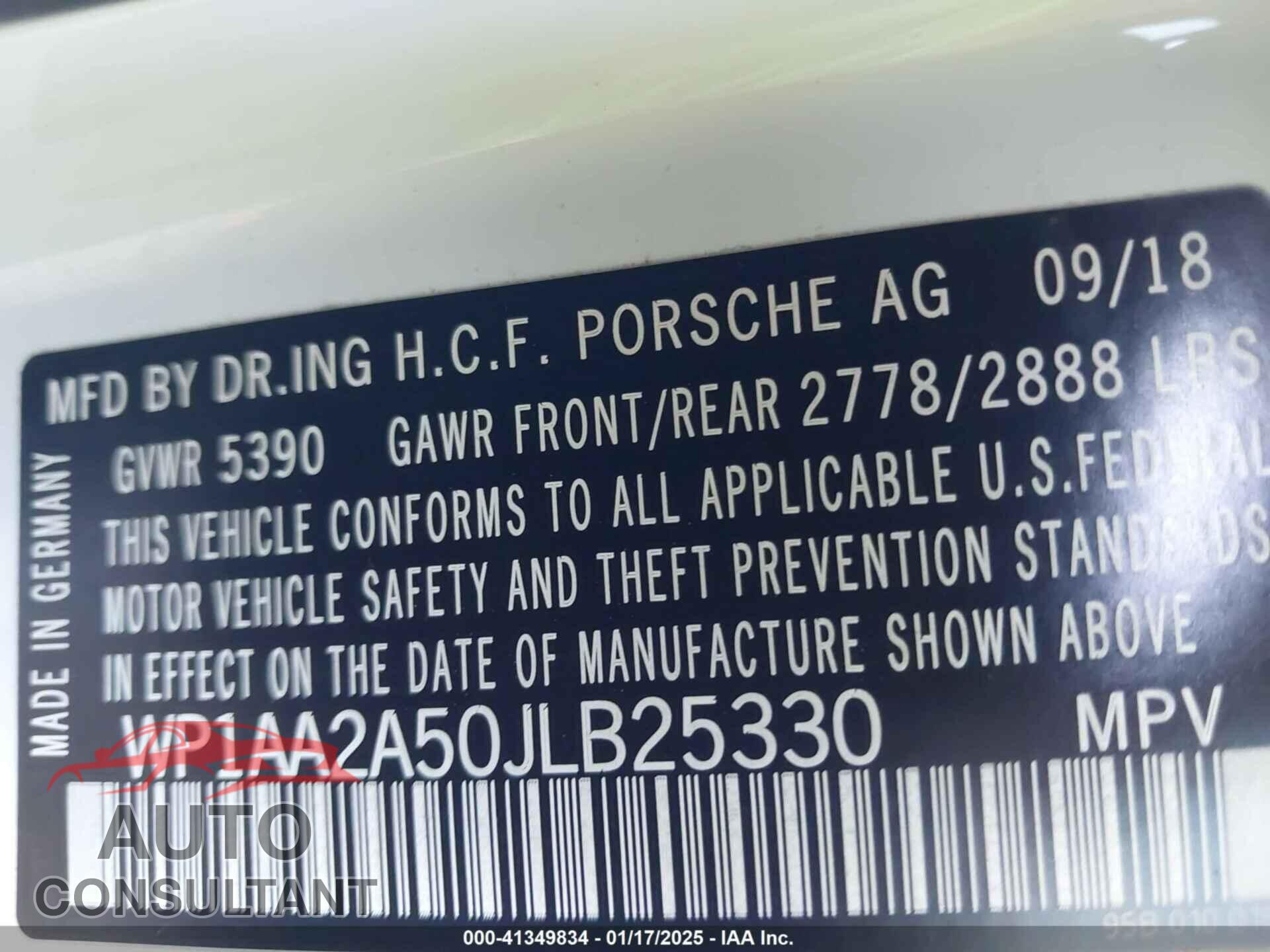 PORSCHE MACAN 2018 - WP1AA2A50JLB25330