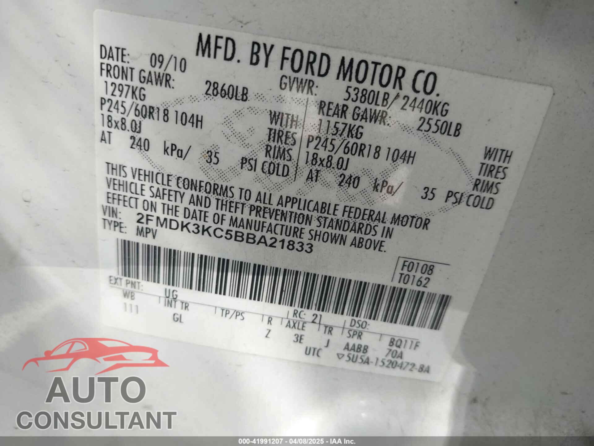 FORD EDGE 2011 - 2FMDK3KC5BBA21833